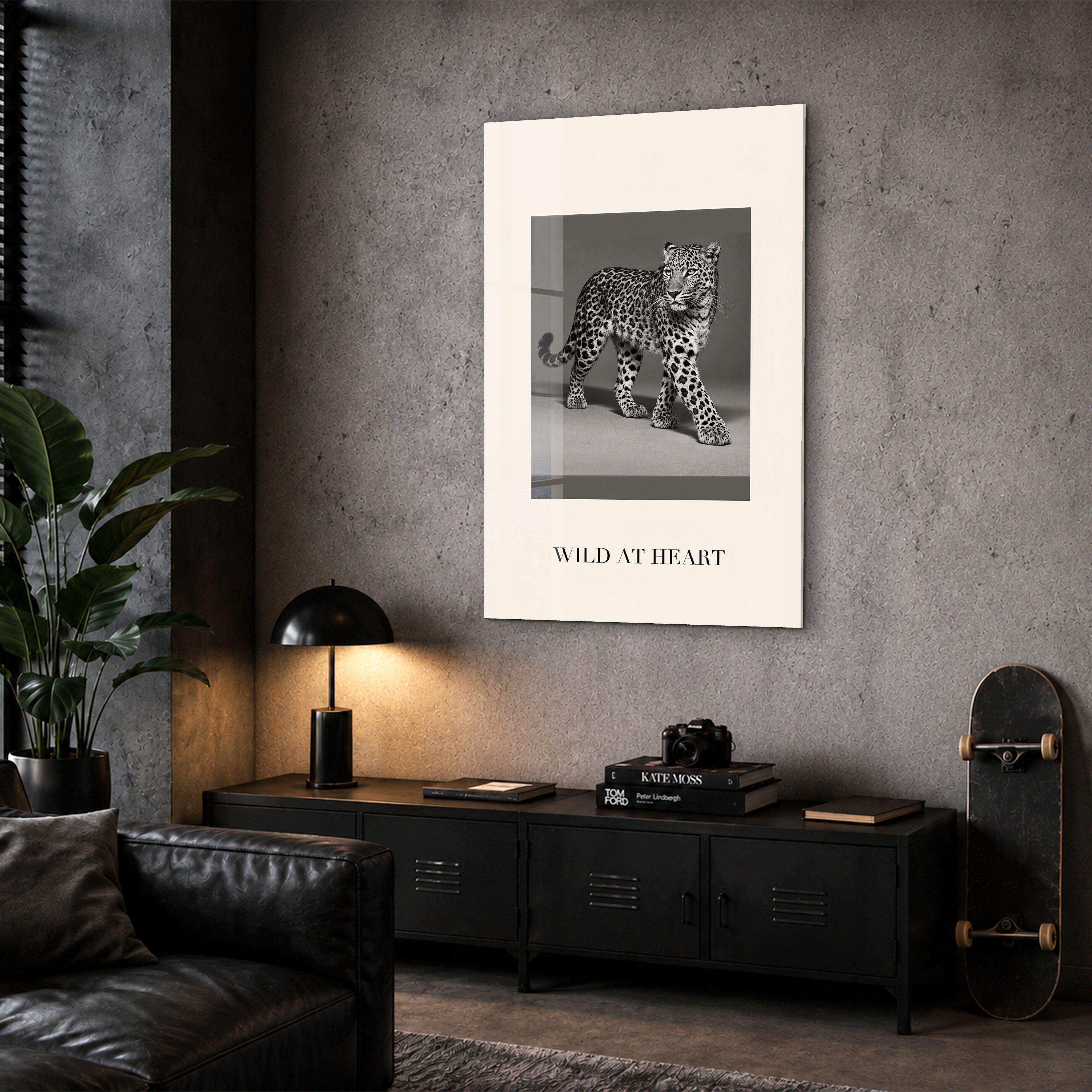Wild at Heart leopard portrait glass wall art by Artdesigna, shown from a corner view