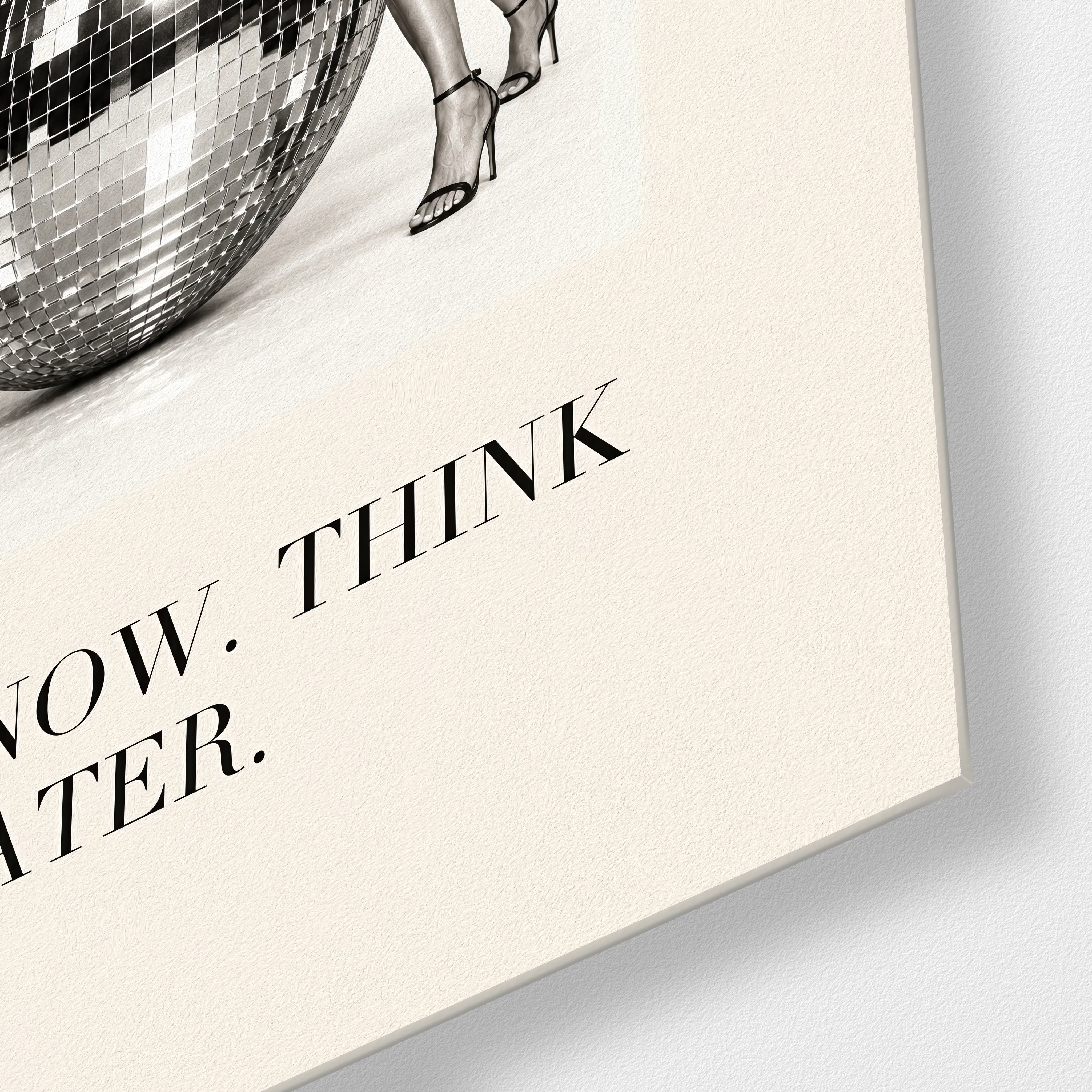 Artdesigna Dance Now, Think Later glass wall art close-up showing vibrant typography design