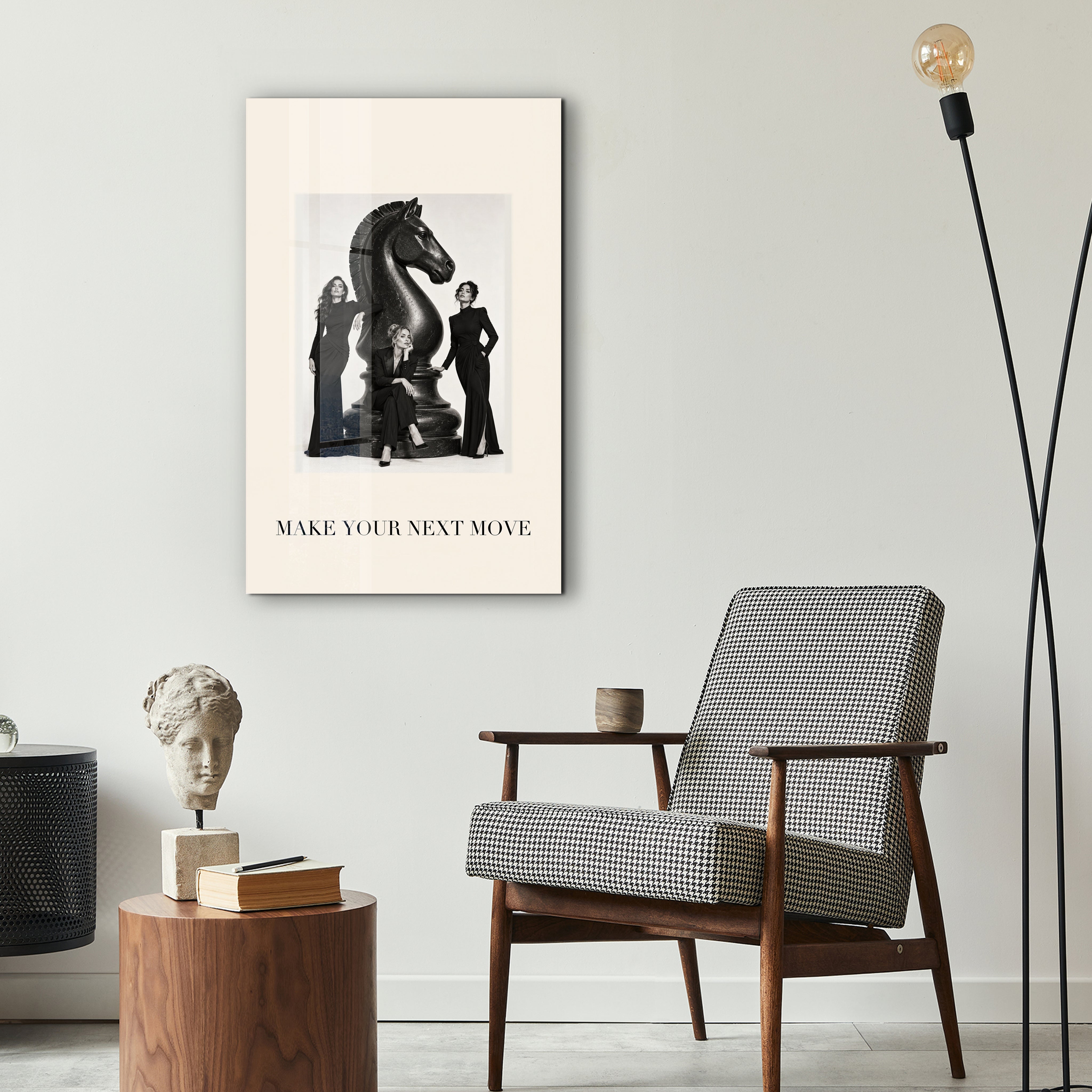 Artdesigna Make Your Next Move glass wall art with bold motivational typography in a modern interior setting
