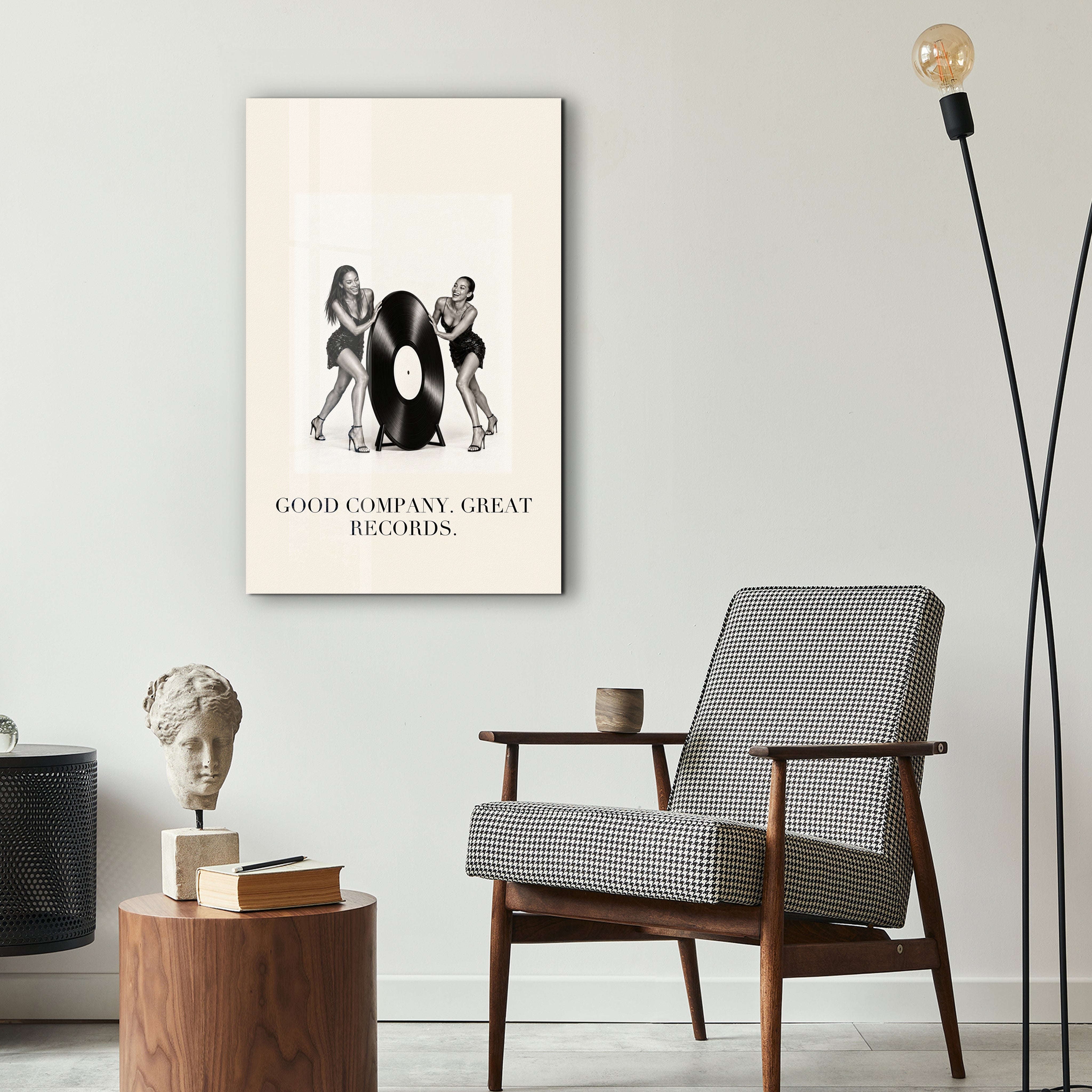Good Company, Great Records glass wall art by Artdesigna in a stylish interior setting
