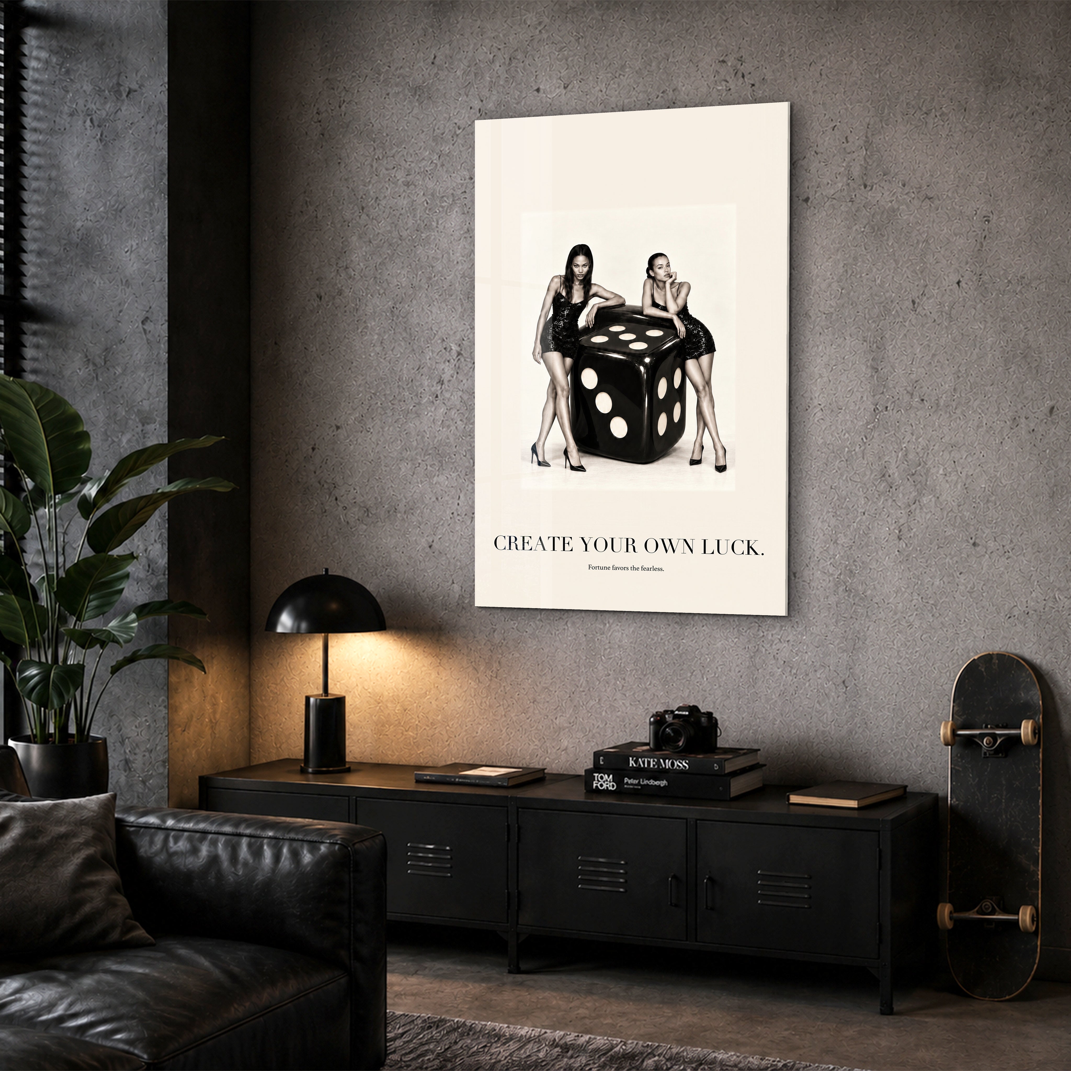Create Your Own Luck Artdesigna glass wall art displayed in a corner setting