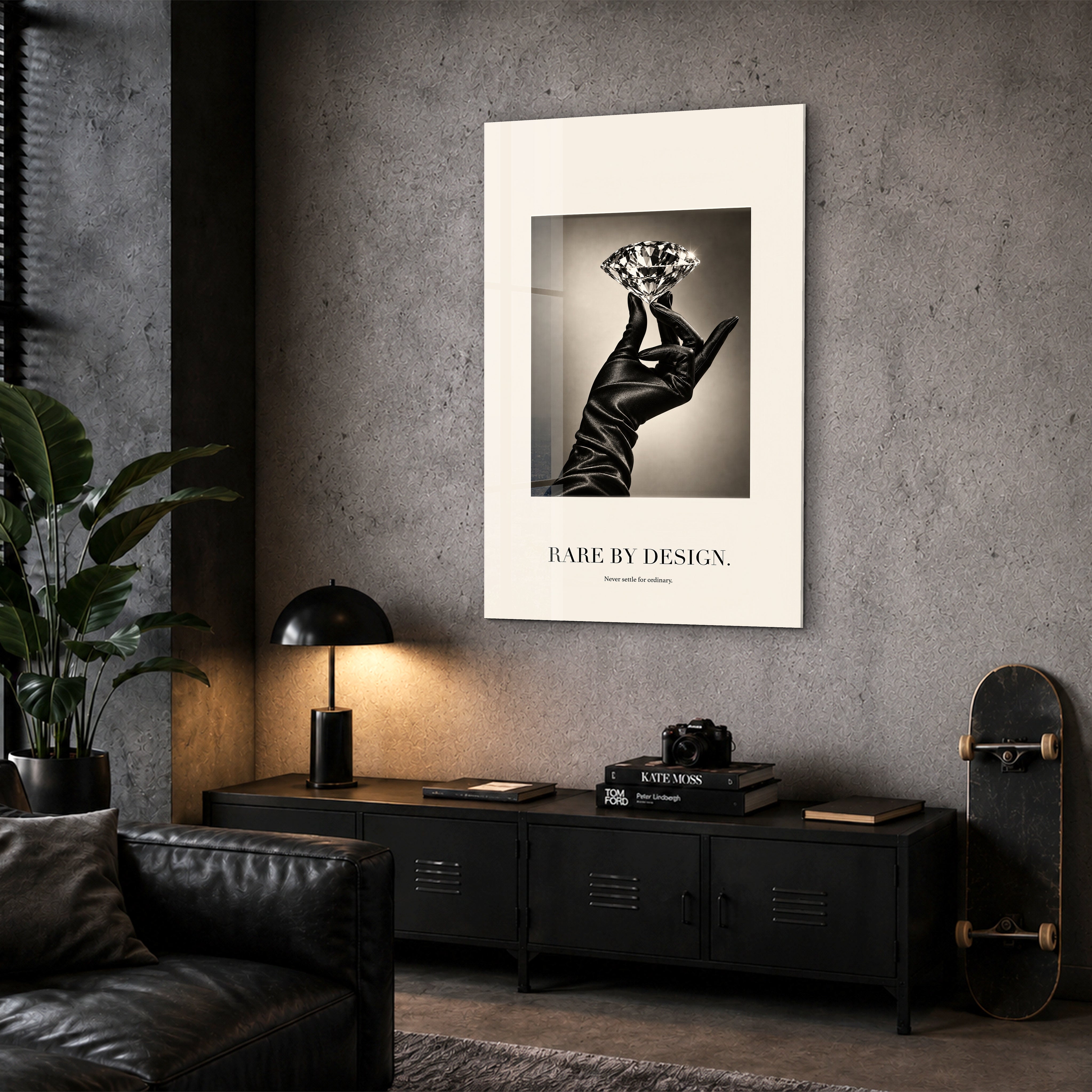 Rare by Design glass wall art by Artdesigna displayed in a corner setting