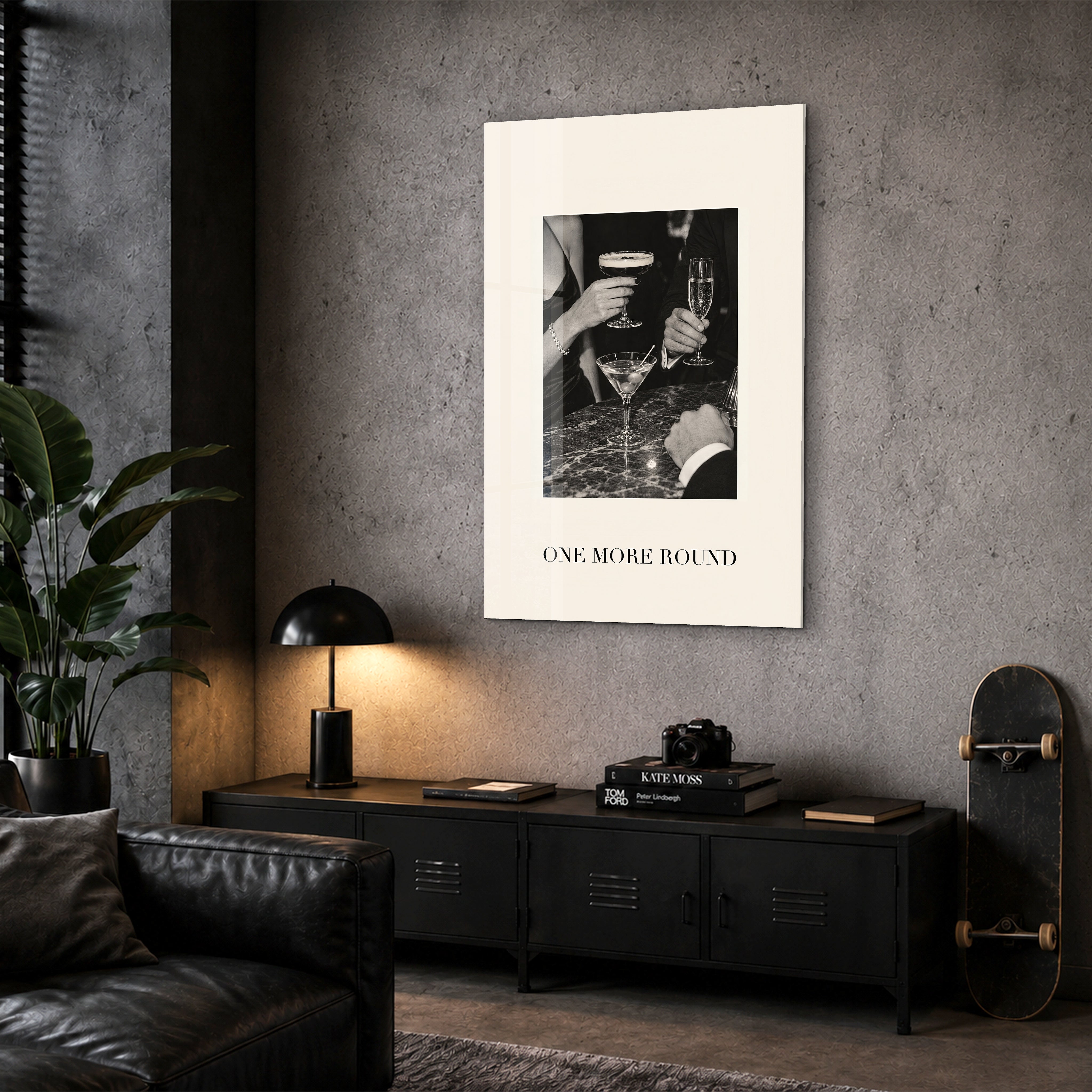 One More Round glass wall art by Artdesigna displayed in a corner setting