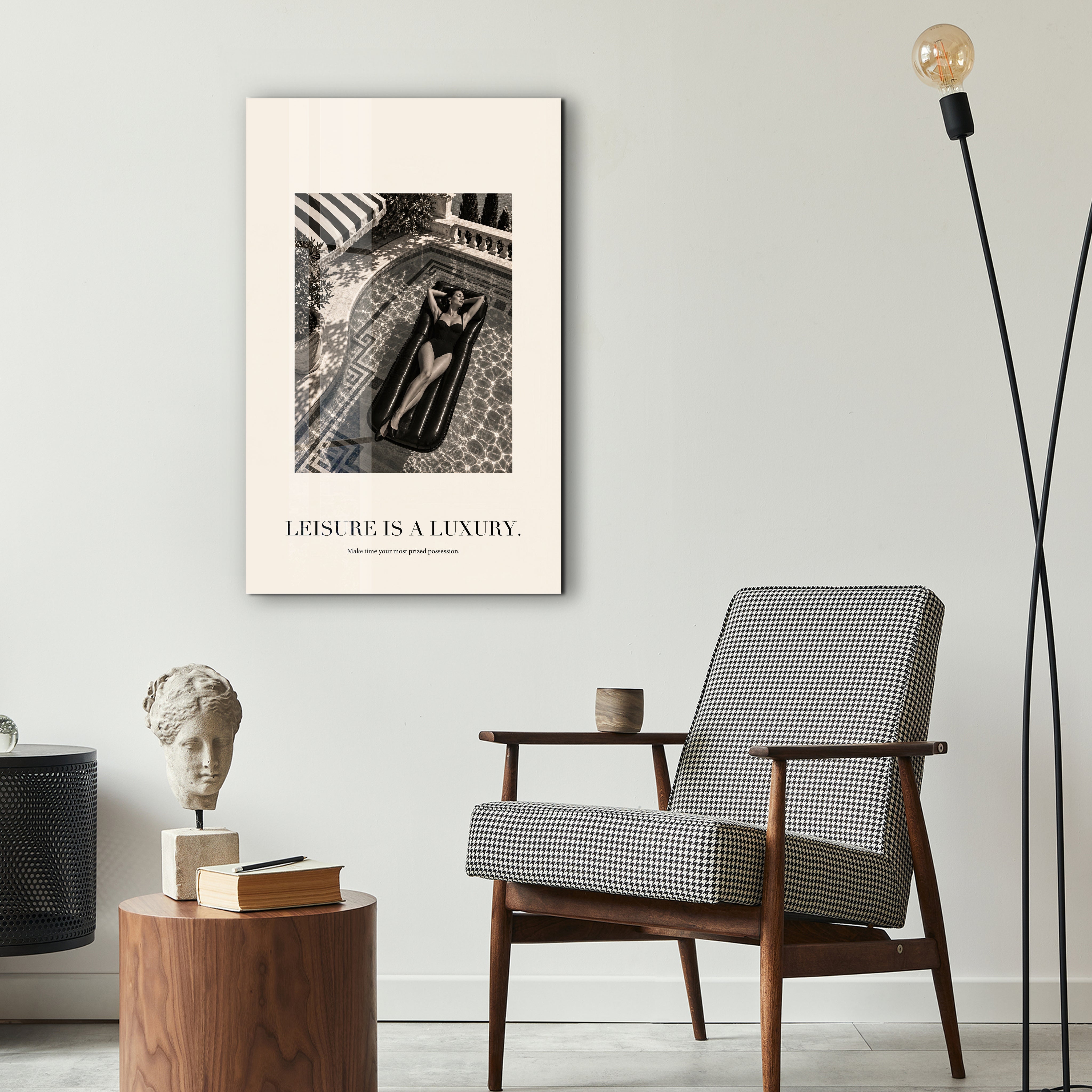 Leisure Is a Luxury glass wall art by Artdesigna displayed as elegant home decor