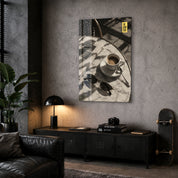 The Slow Club Café Table glass wall art by Artdesigna, featuring a cozy café corner scene