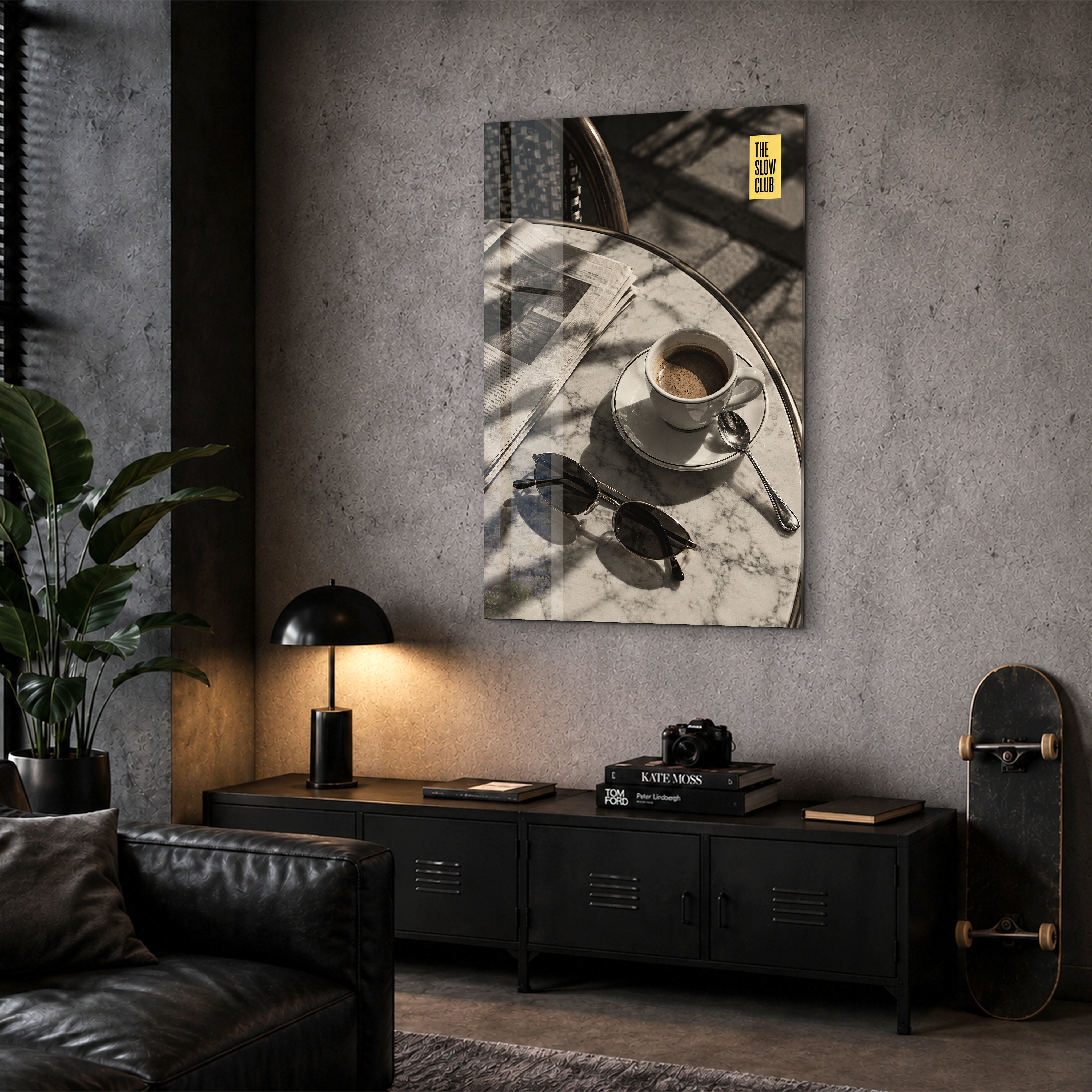 The Slow Club Café Table glass wall art by Artdesigna, featuring a cozy café corner scene