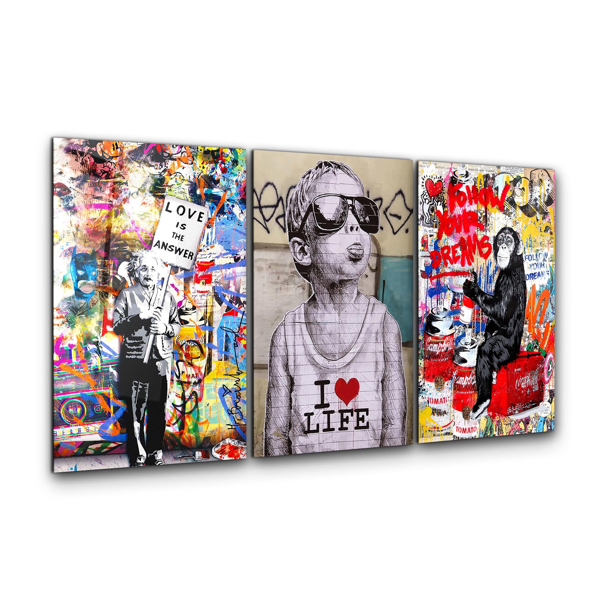 ・" BANKSY-Best Sellers - Trio"・Glass Wall Art - ArtDesigna Glass Printing Wall Art