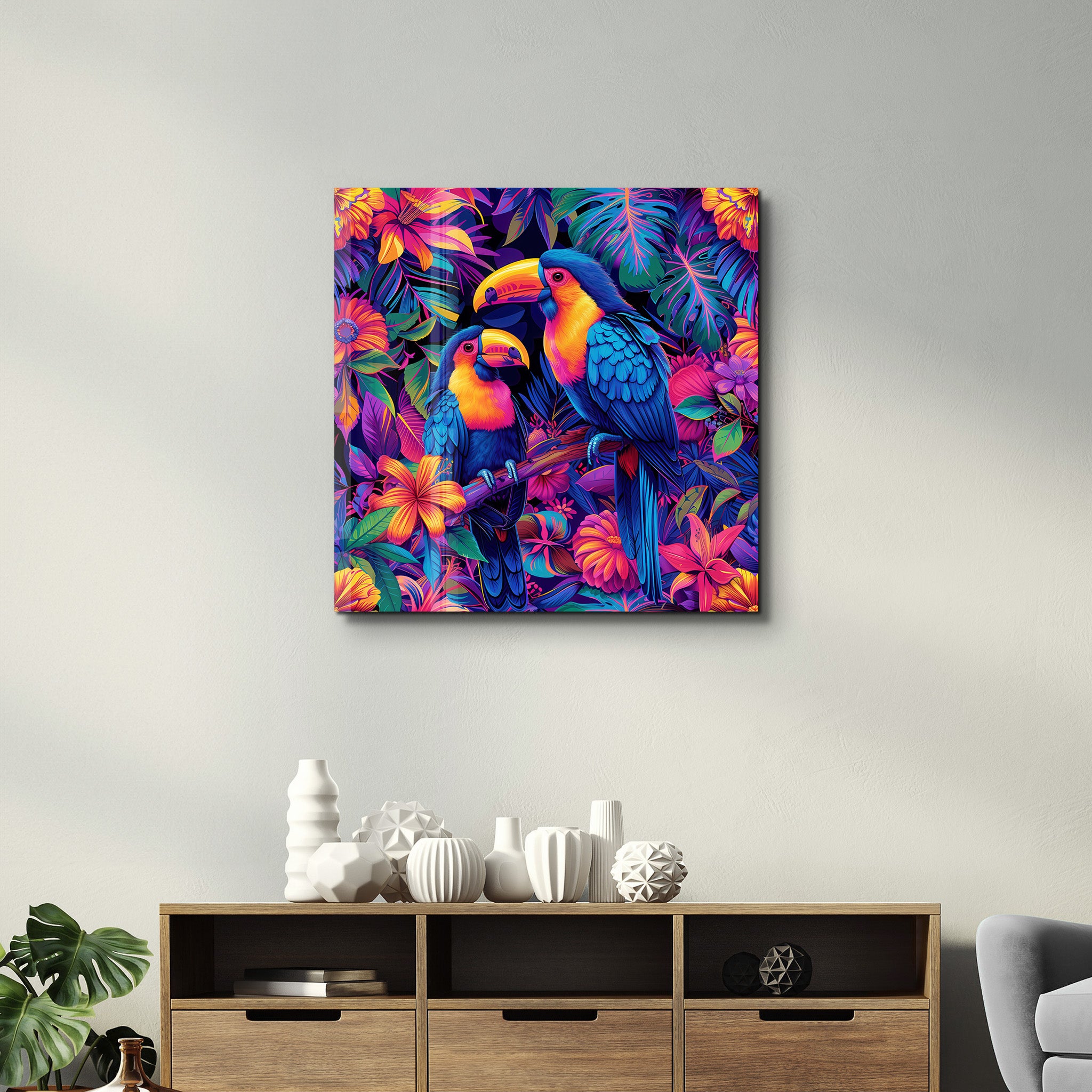 Rainbow Parrots | Glass Wall Art - Artdesigna