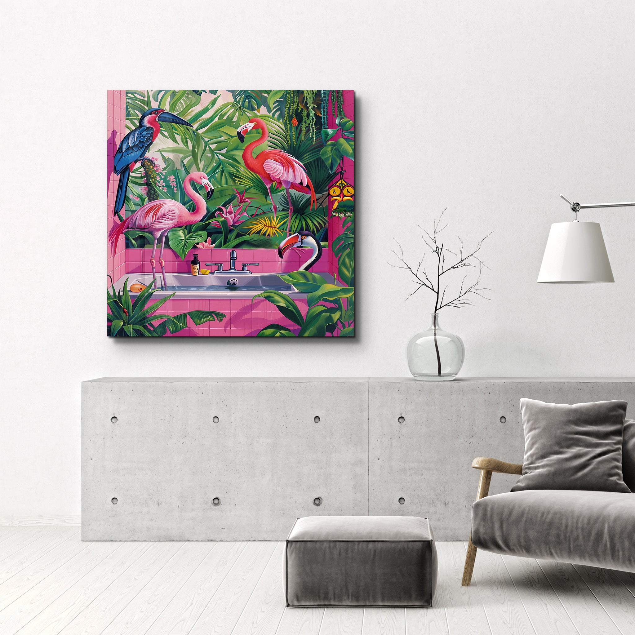 Tropical Bathroom and Flamingos | Glass Wall Art - Artdesigna