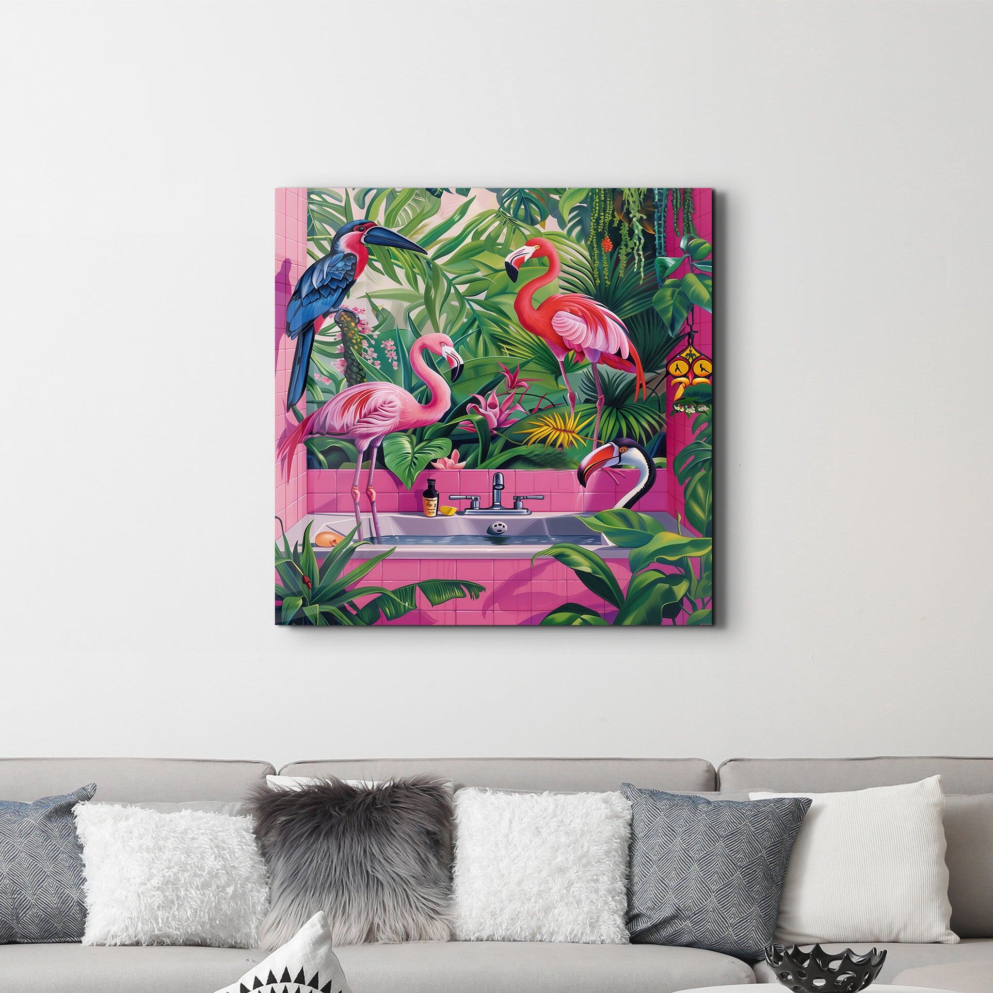 Tropical Bathroom and Flamingos | Glass Wall Art - Artdesigna