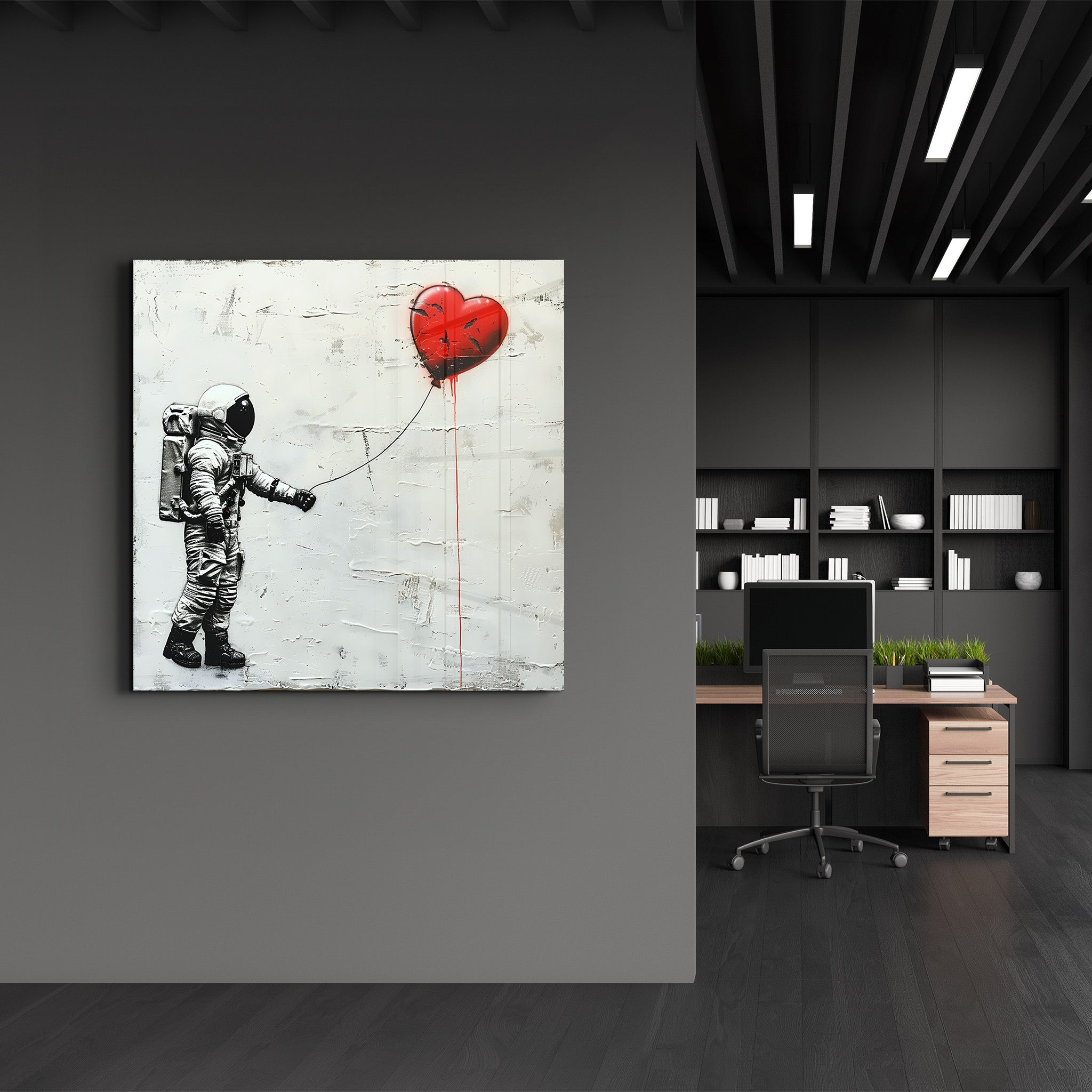 Heart Balloon in the Astronaut's Hand | Banksy Style Glass Wall Art - Artdesigna