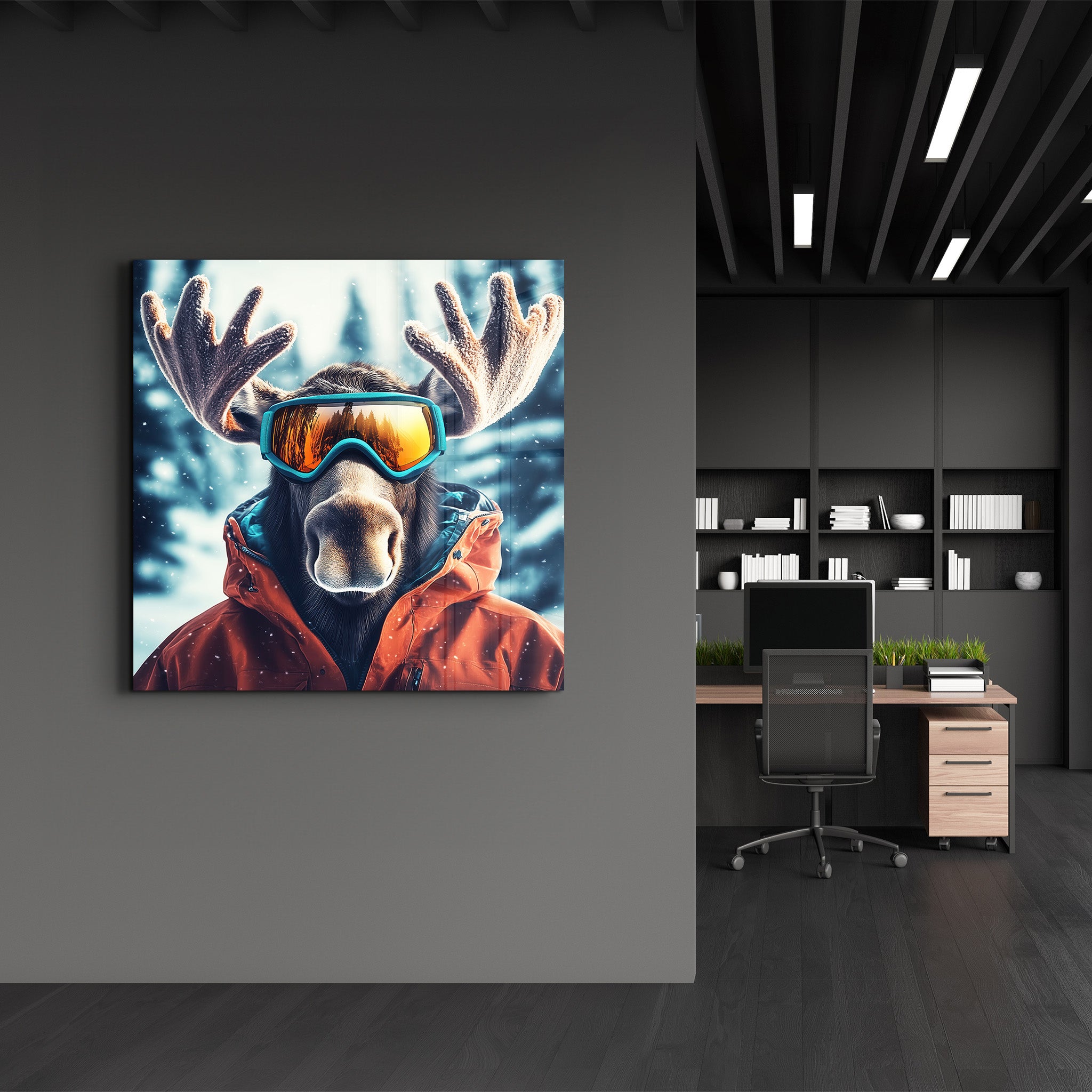 Moose's Snowy Adventure | Glass Wall Art