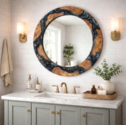 Black Diamond epoxy and olive wood wall art mirror by Artdesigna, featuring a circular design with black epoxy accents and olive wood frame.