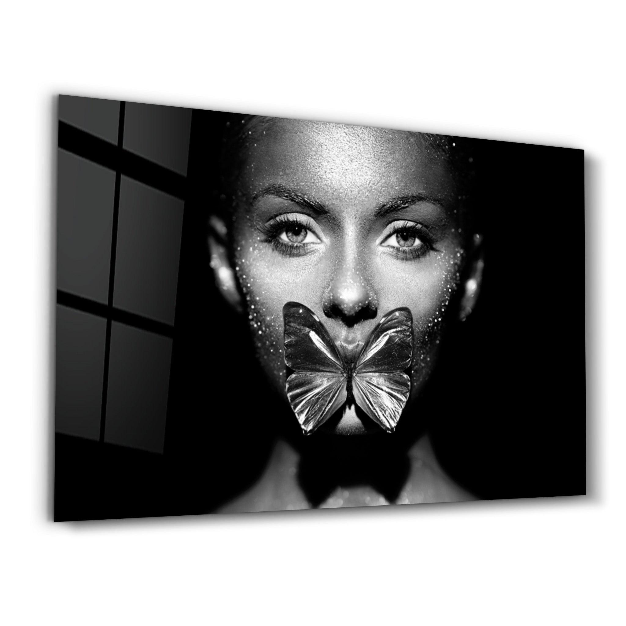 Shiny Butterfly and Face | Glass Wall Art - Artdesigna