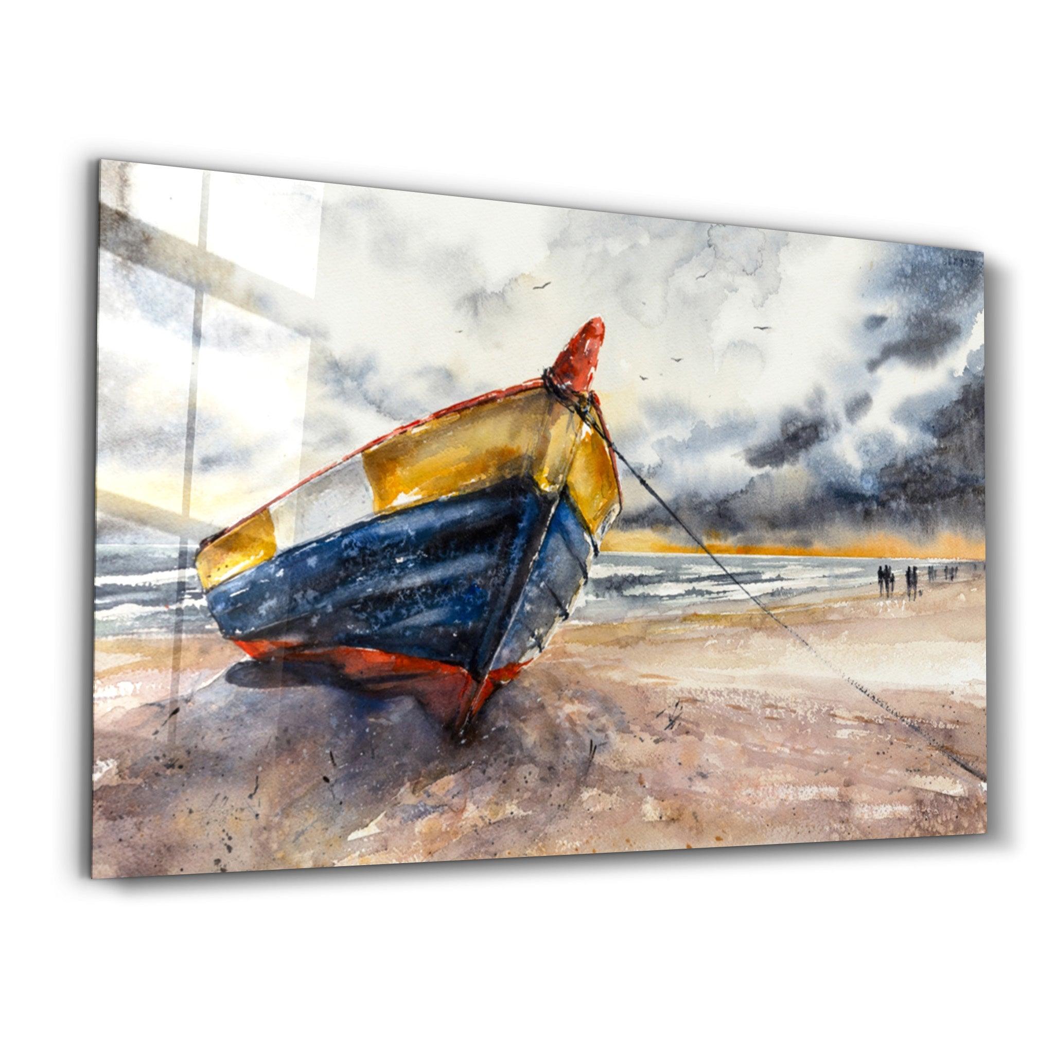 Boat On the Beach | Glass Wall Art - Artdesigna