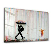 Banksy Umbrella Man Rainbow Rain Girl Glass Wall Art - Artdesigna