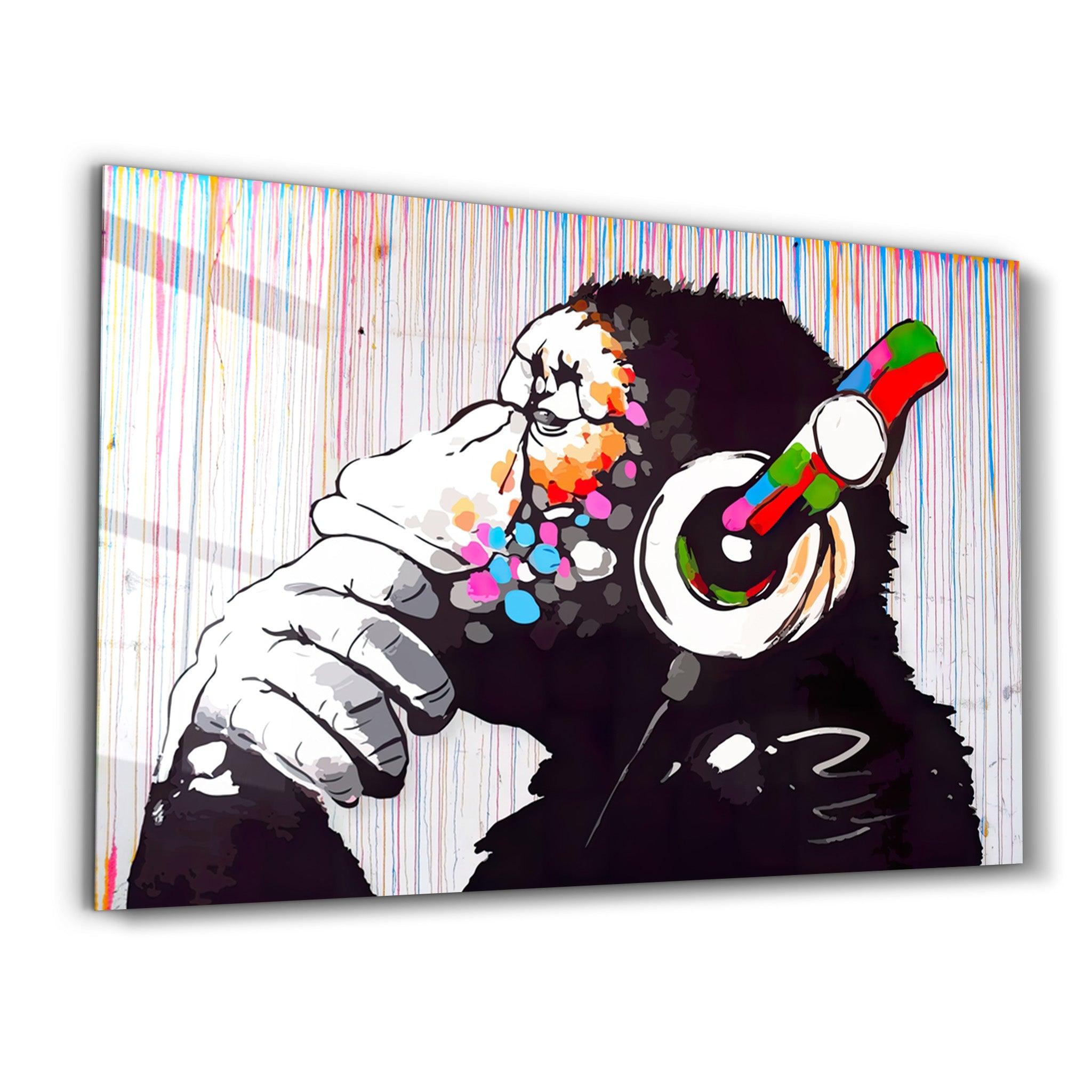 Banksy Monkey Beat Glass Wall Art - Artdesigna