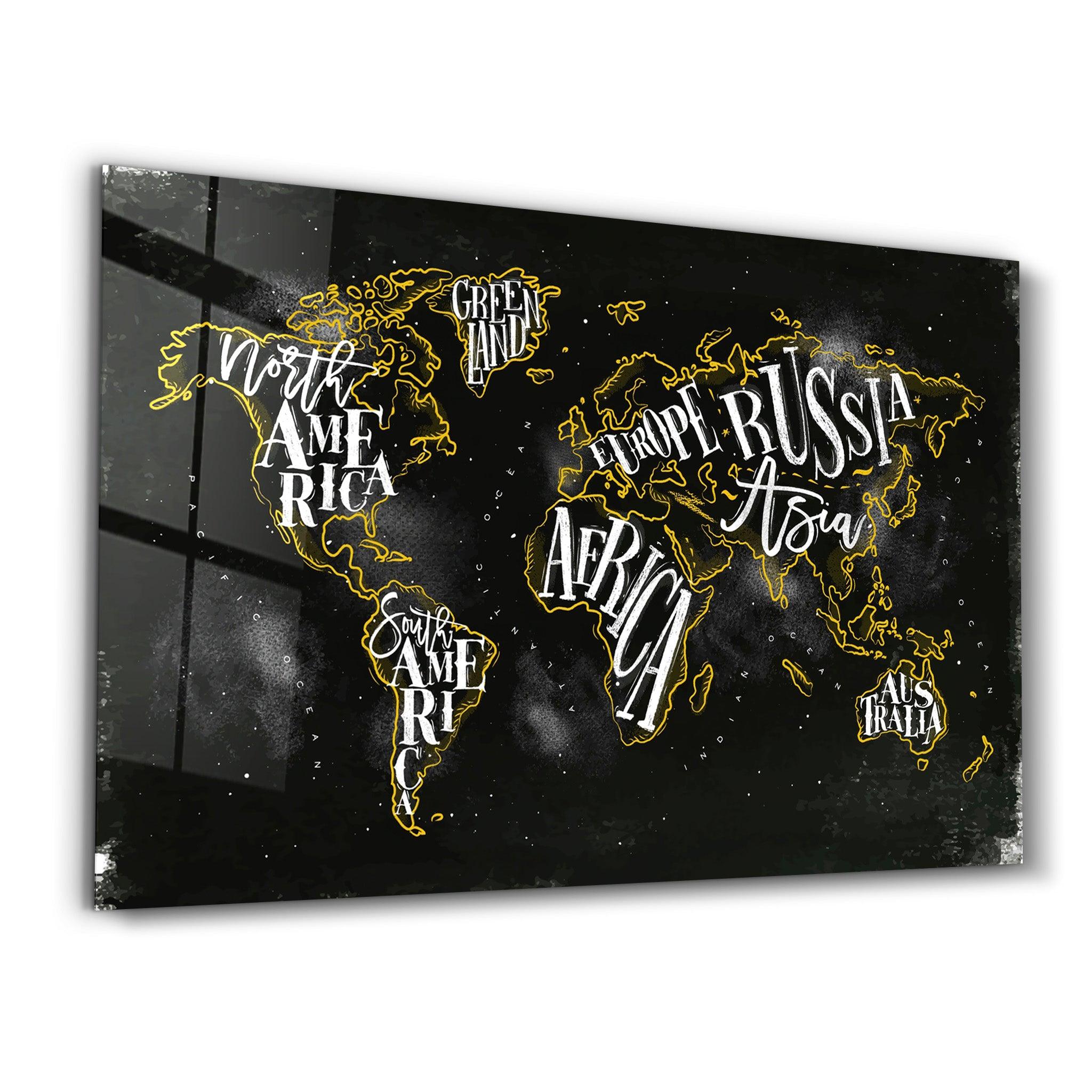 World Map With Yellow Lines | Glass Wall Art - Artdesigna