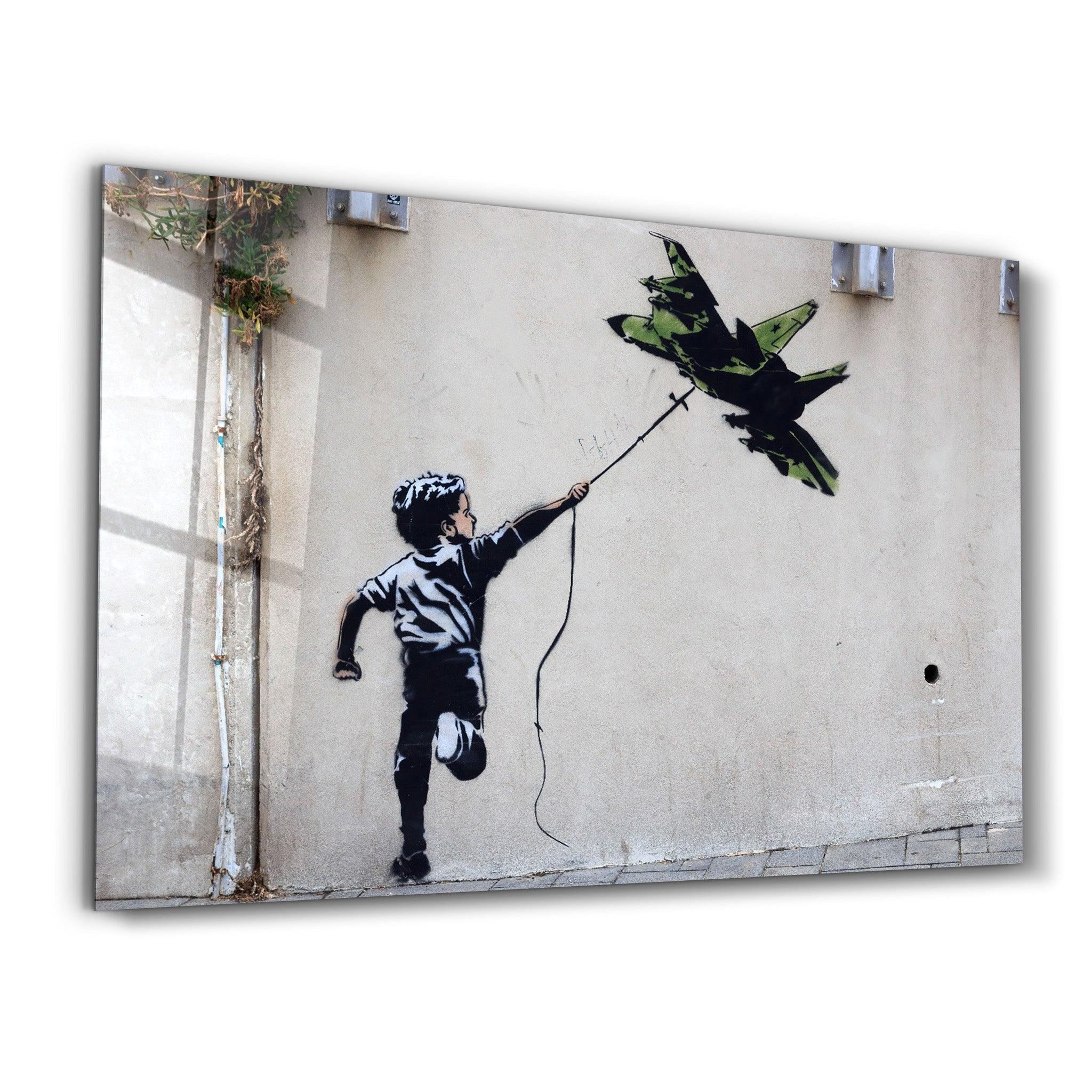 Banksy - fighter jet kite | Glass Wall Art - Artdesigna