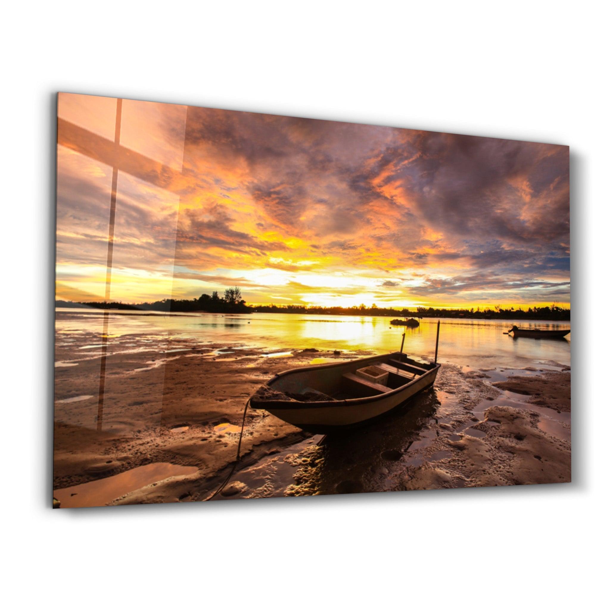 Fishing Boat at Sunset | Glass Wall Art - Artdesigna