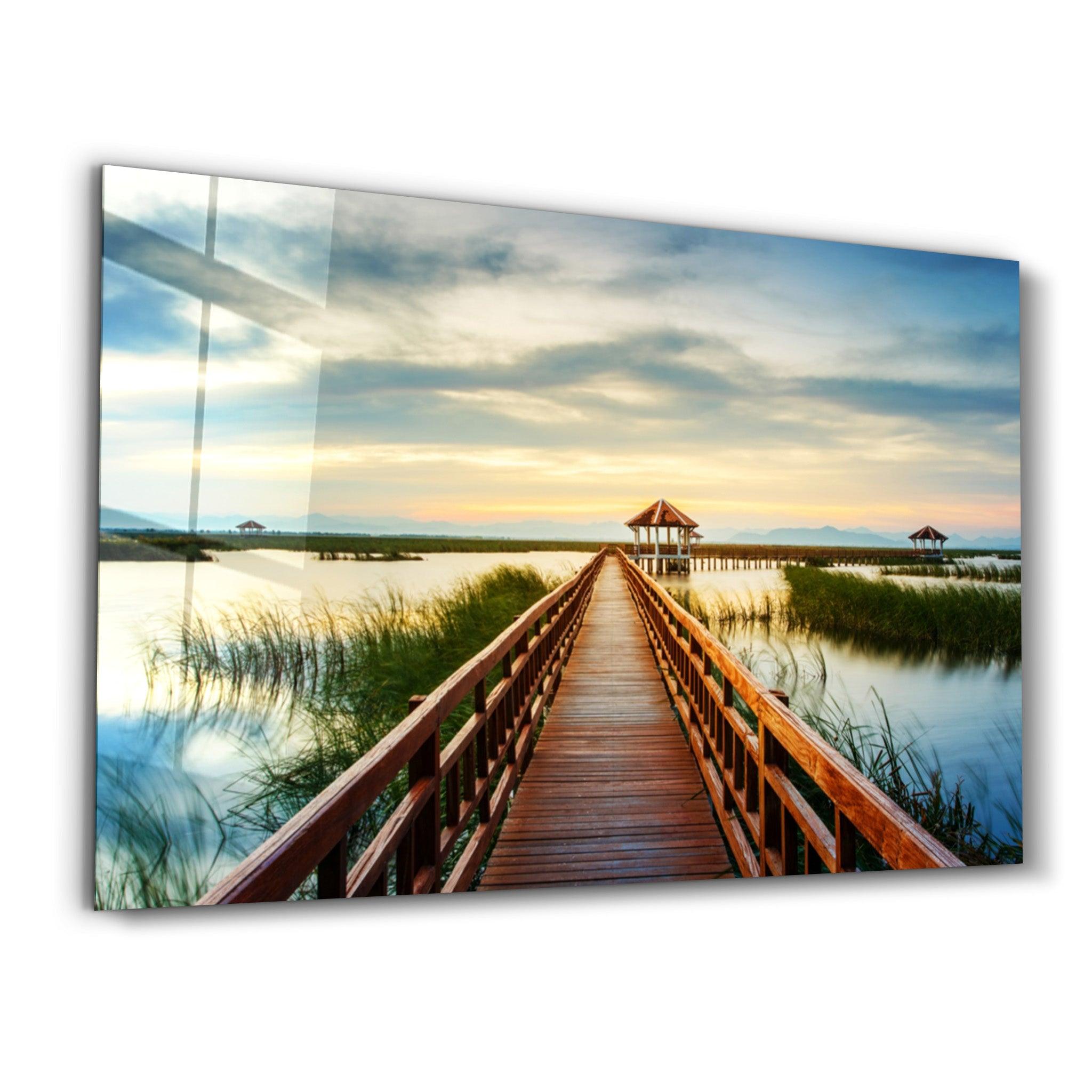 Long Pier on the Lake | Glass Wall Art - Artdesigna