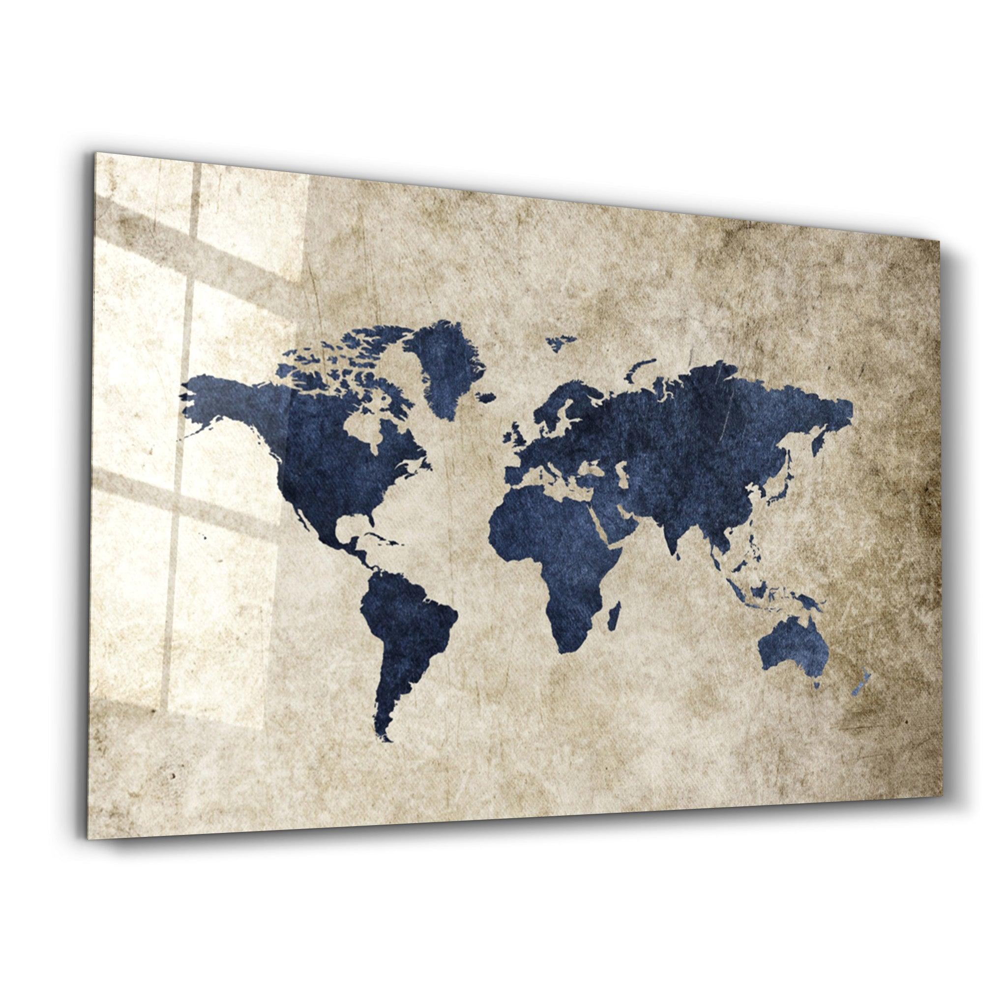 Retro World Map Blue | Glass Wall Art - Artdesigna