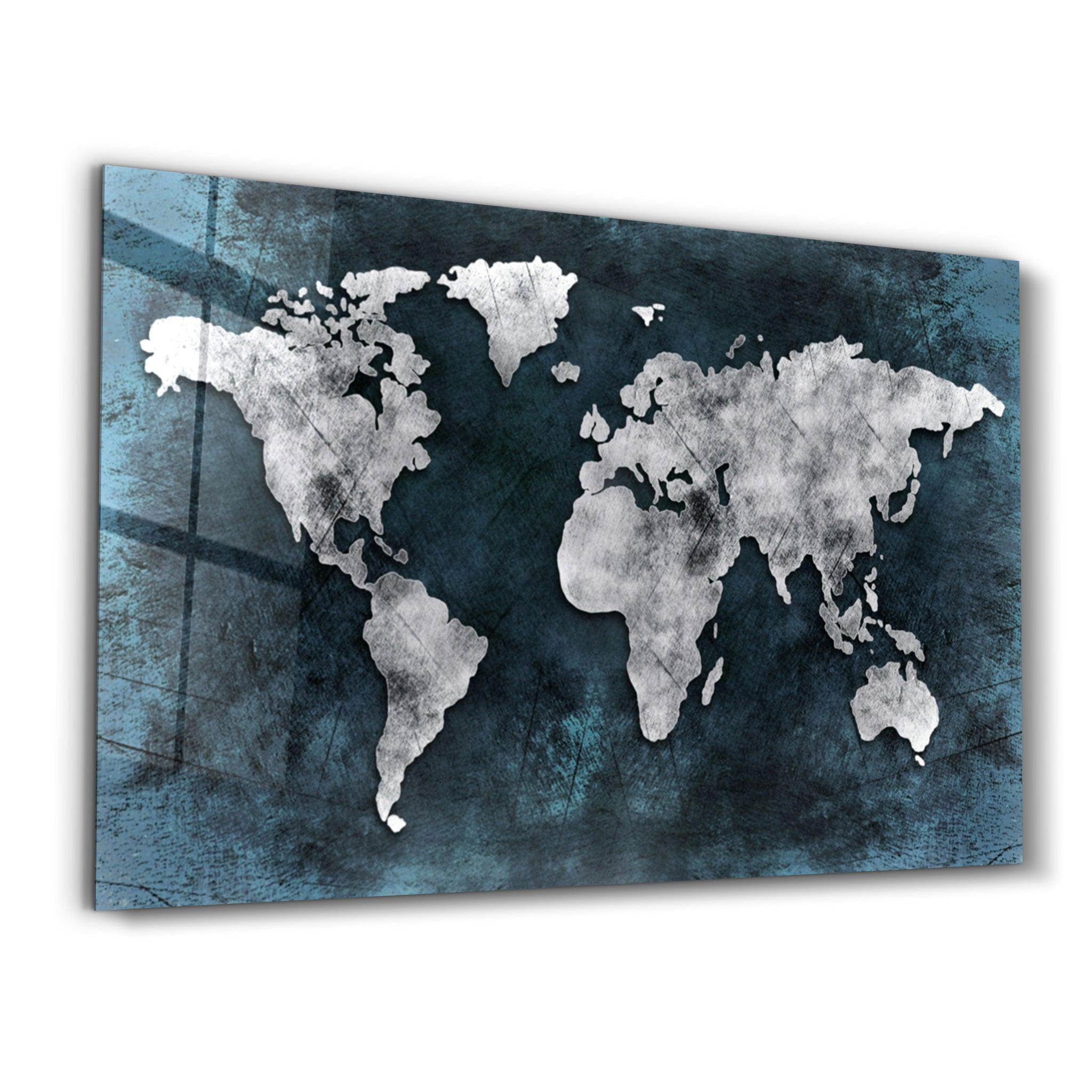 World Map Blue-Silver | Glass Wall Art - Artdesigna