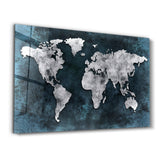World Map Blue-Silver | Glass Wall Art