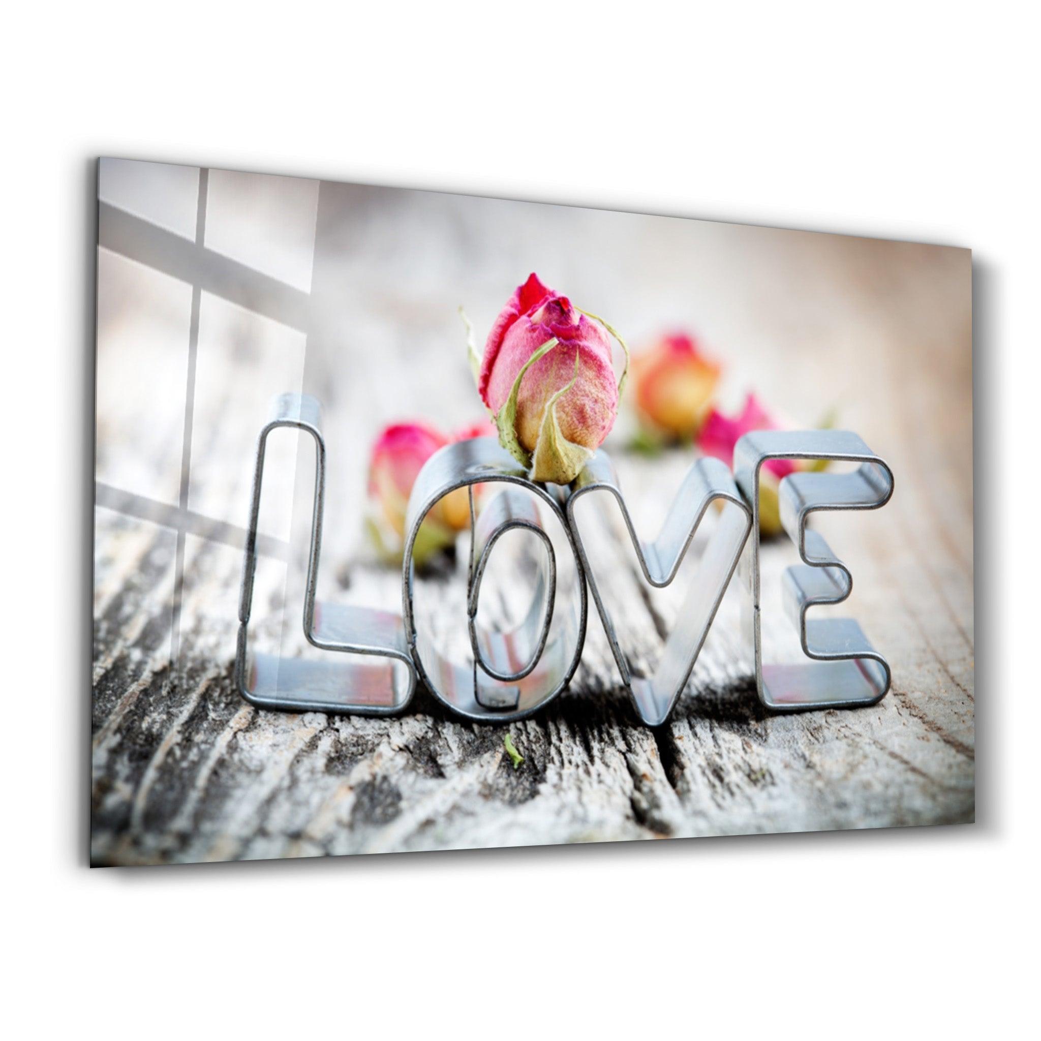 Pink Rose & Love | Glass Wall Art - Artdesigna