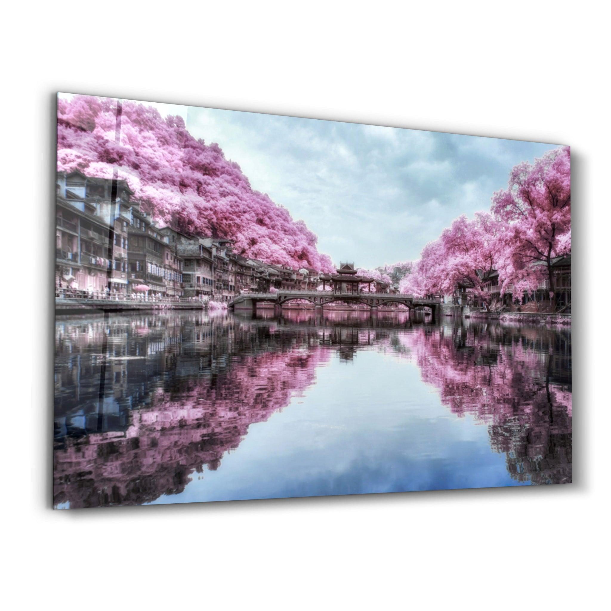 Pink Trees Reflection | Glass Wall Art - Artdesigna