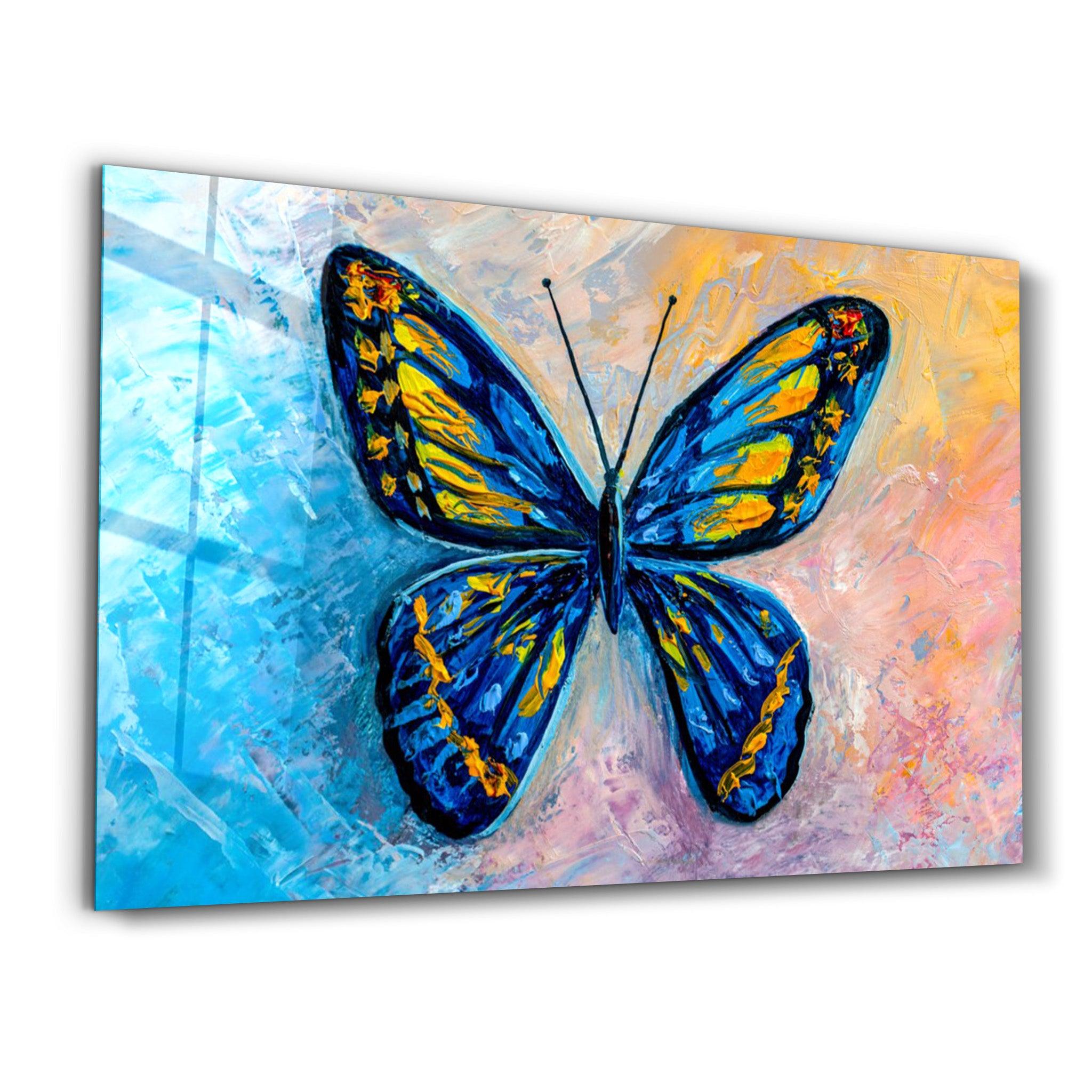 Twilight Wings: The Blue Monarch | Glass Wall Art - Artdesigna