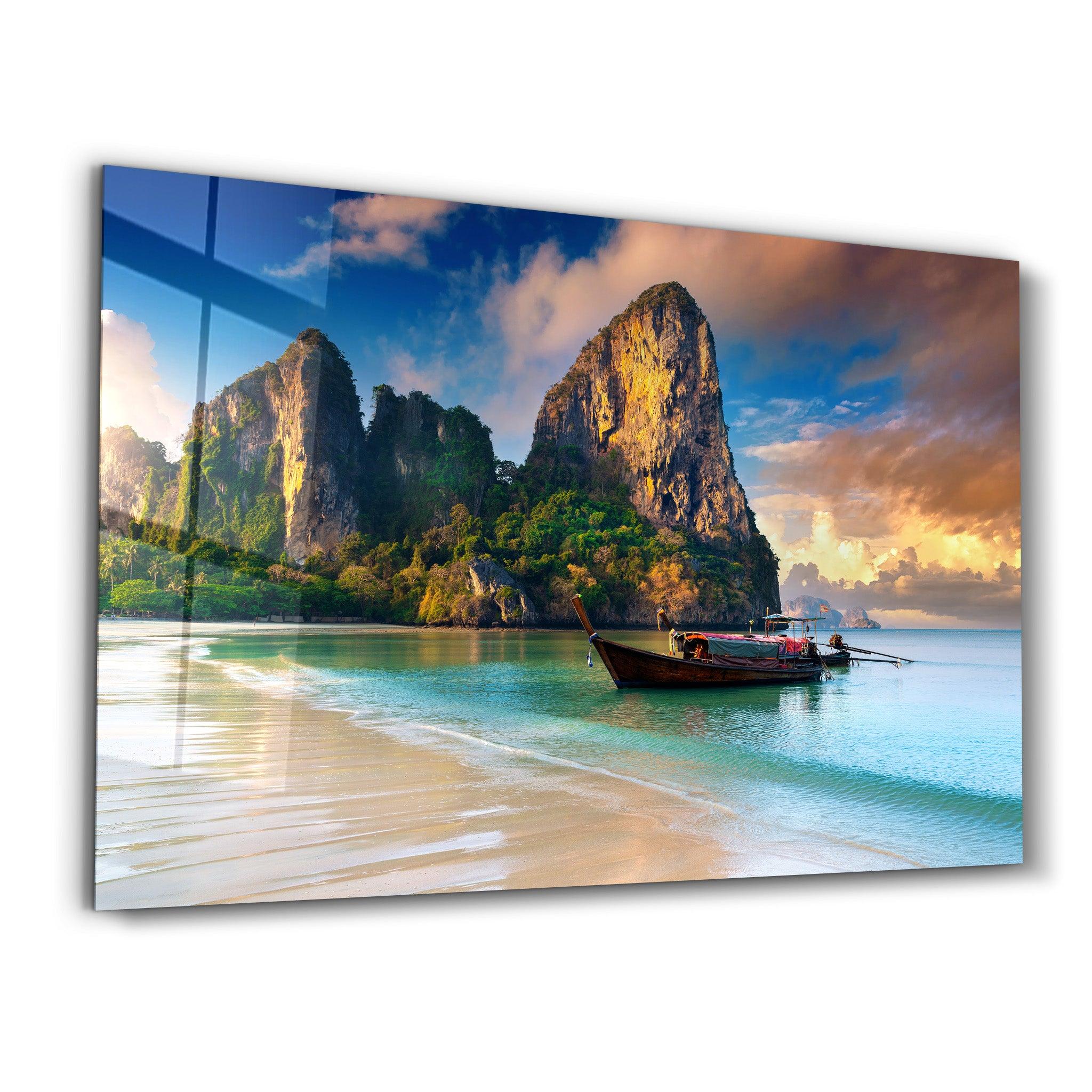 Boat on the Beach - Far East | Glass Wall Art - Artdesigna