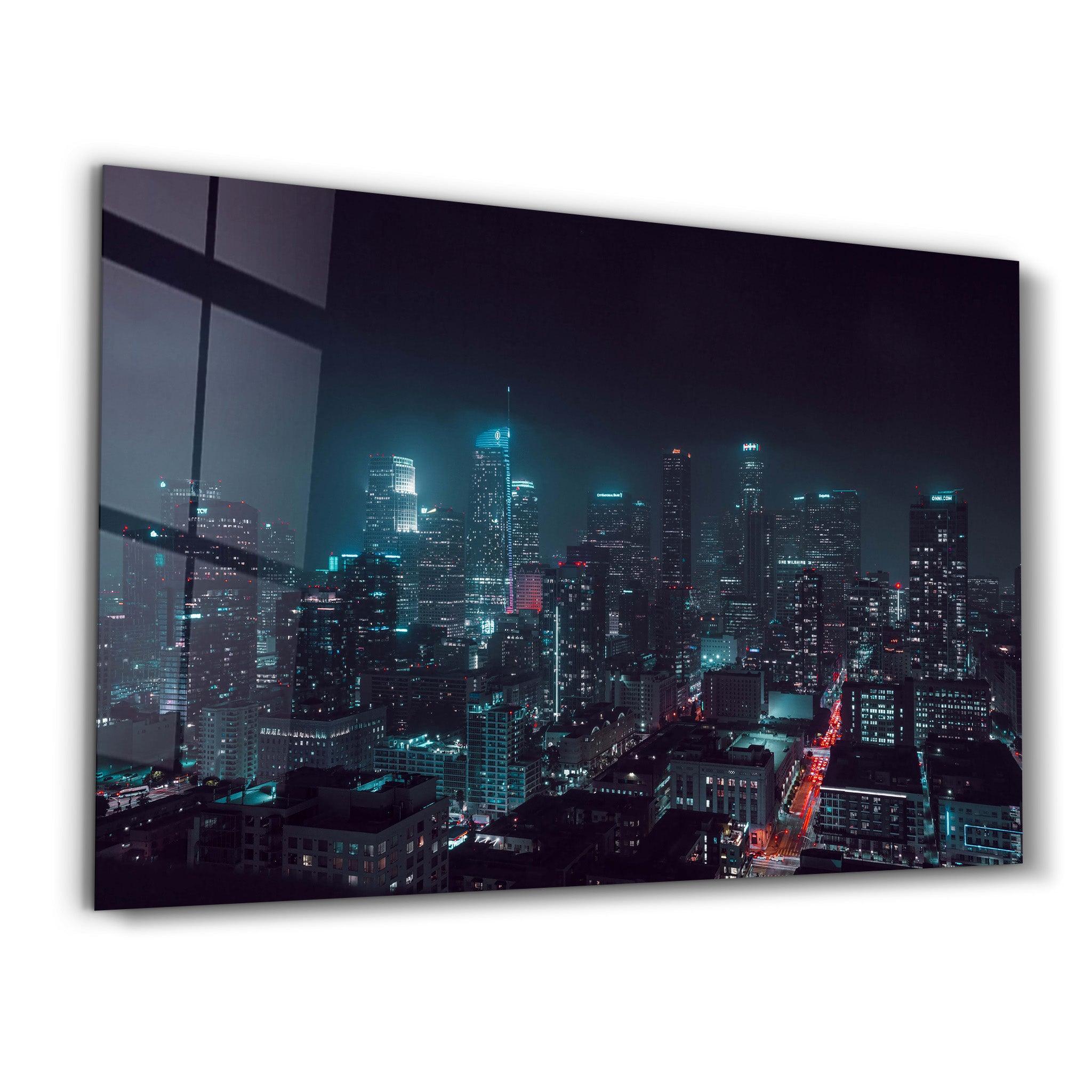 Los Angeles Skyline at Night | Glass Wall Art - Artdesigna