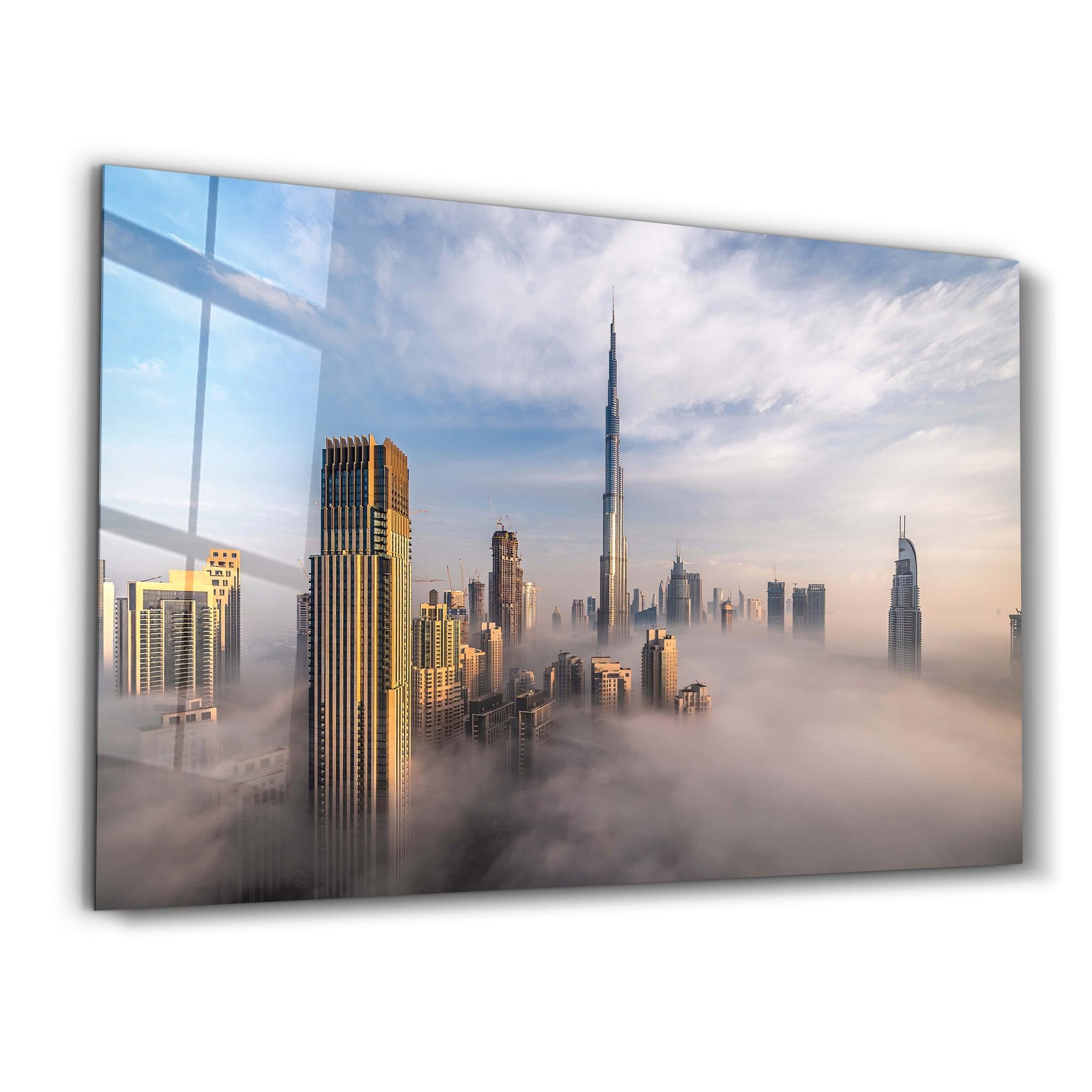 Dubai Sykline Under Fog- UAE | Glass Wall Art - Artdesigna