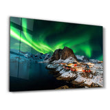 Aurora borealis over Hamnoy in Norway | Glass Wall Art