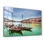 Porto, Portugal old town cityscape on the Douro River with traditional Rabelo boats. | Glass Wall Art - Artdesigna