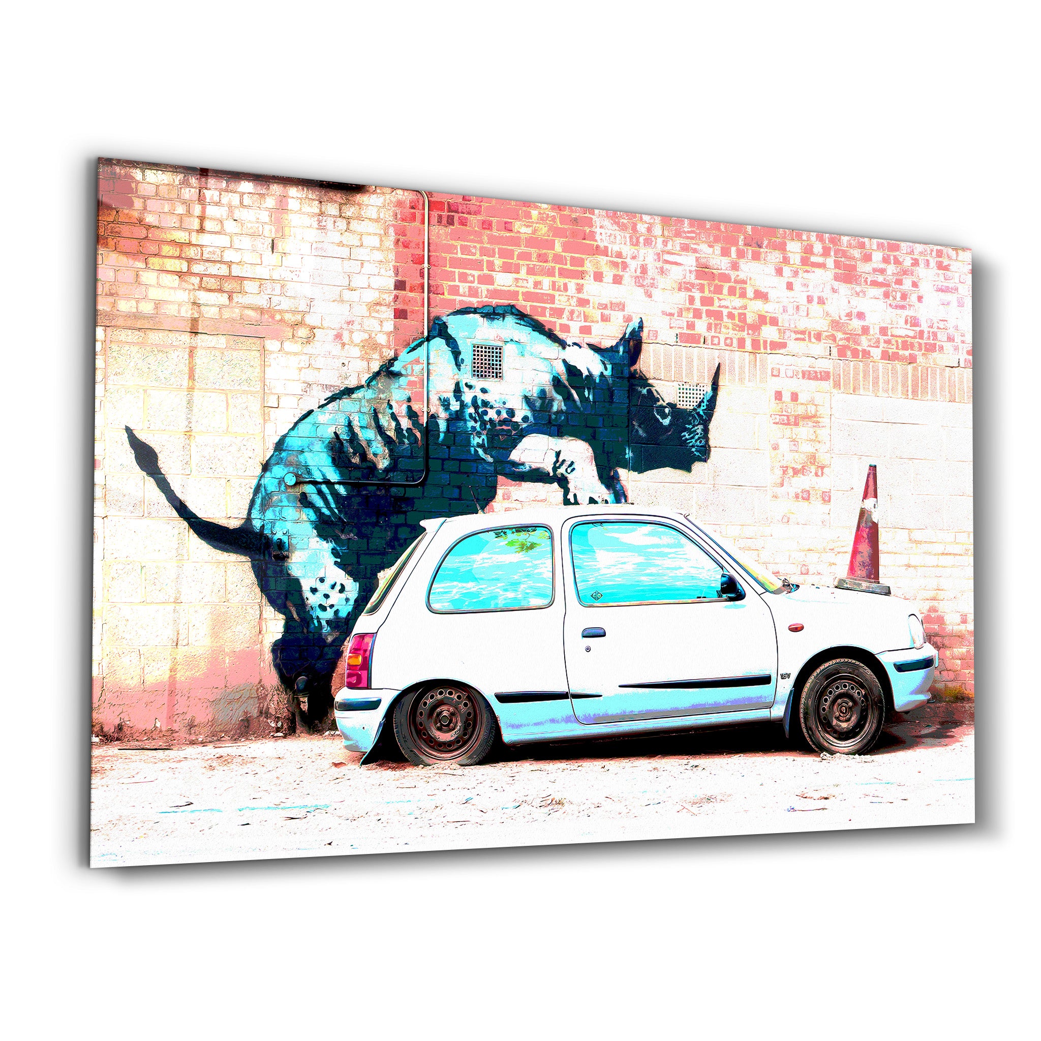 Banksy - Rhino on the Car - Glass Wall Art - Artdesigna