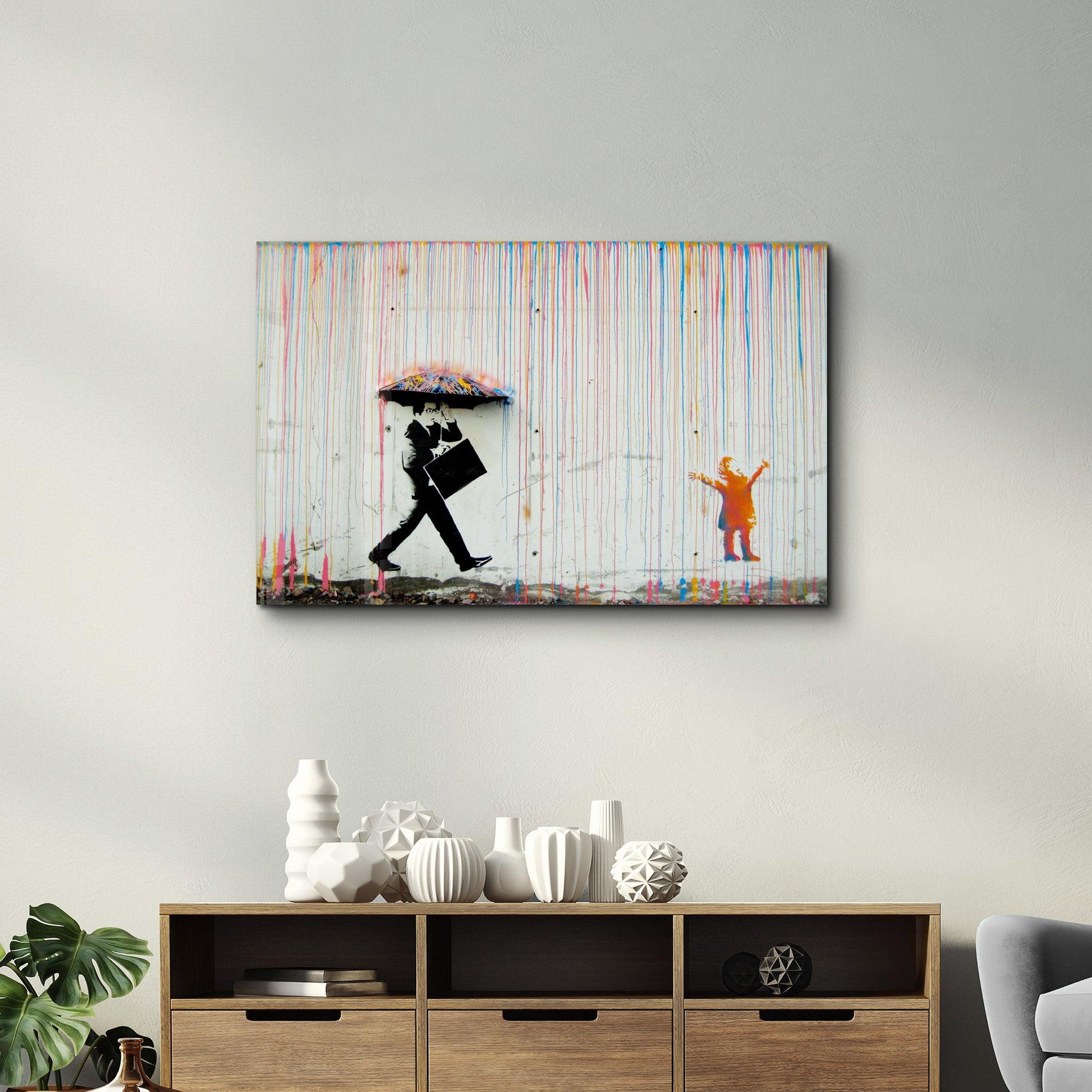 Banksy Umbrella Man Rainbow Rain Girl Glass Wall Art - Artdesigna