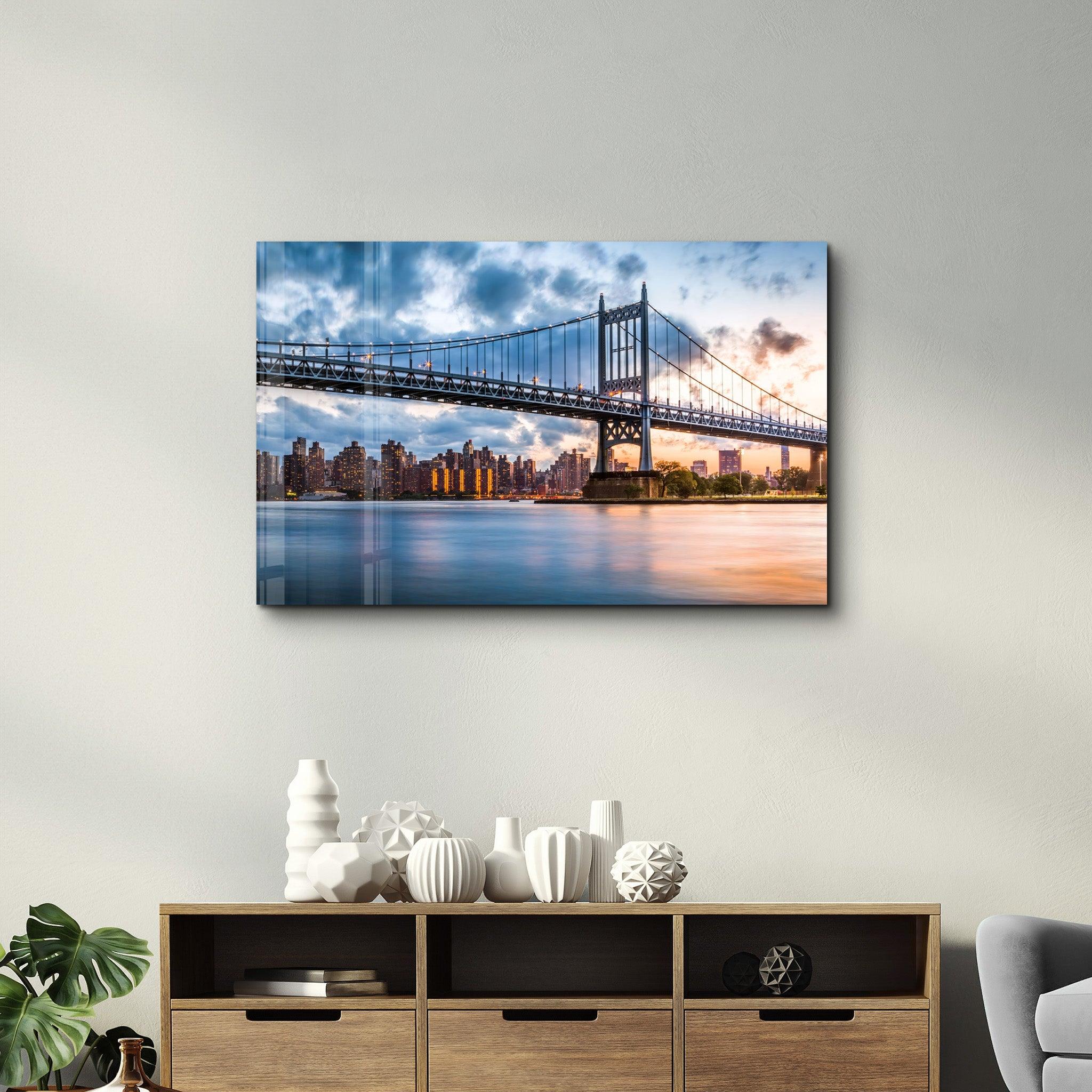 Sunset With Brooklyn Bridge | Glass Wall Art - Artdesigna