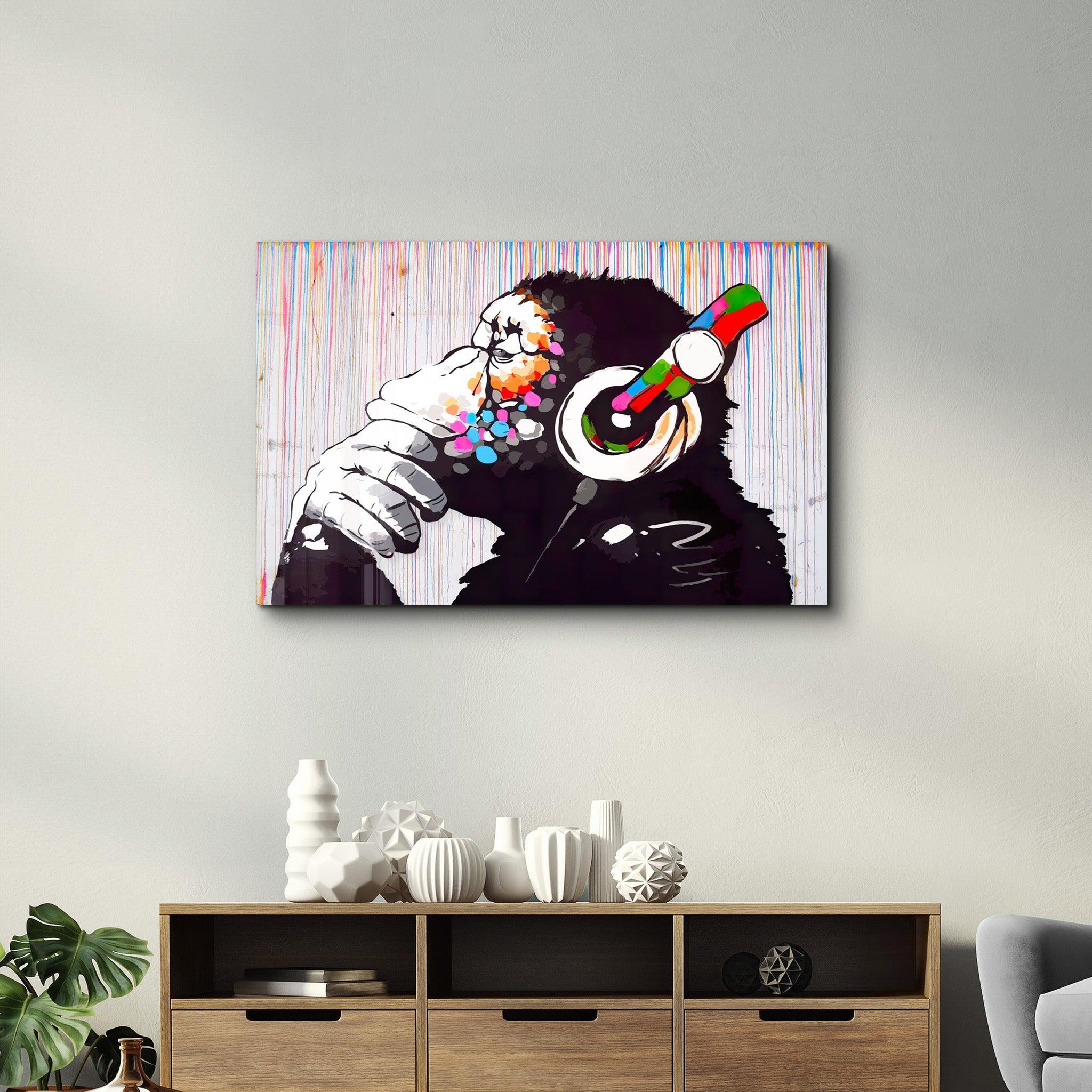 Banksy Monkey Beat Glass Wall Art | ArtDesigna – Artdesigna