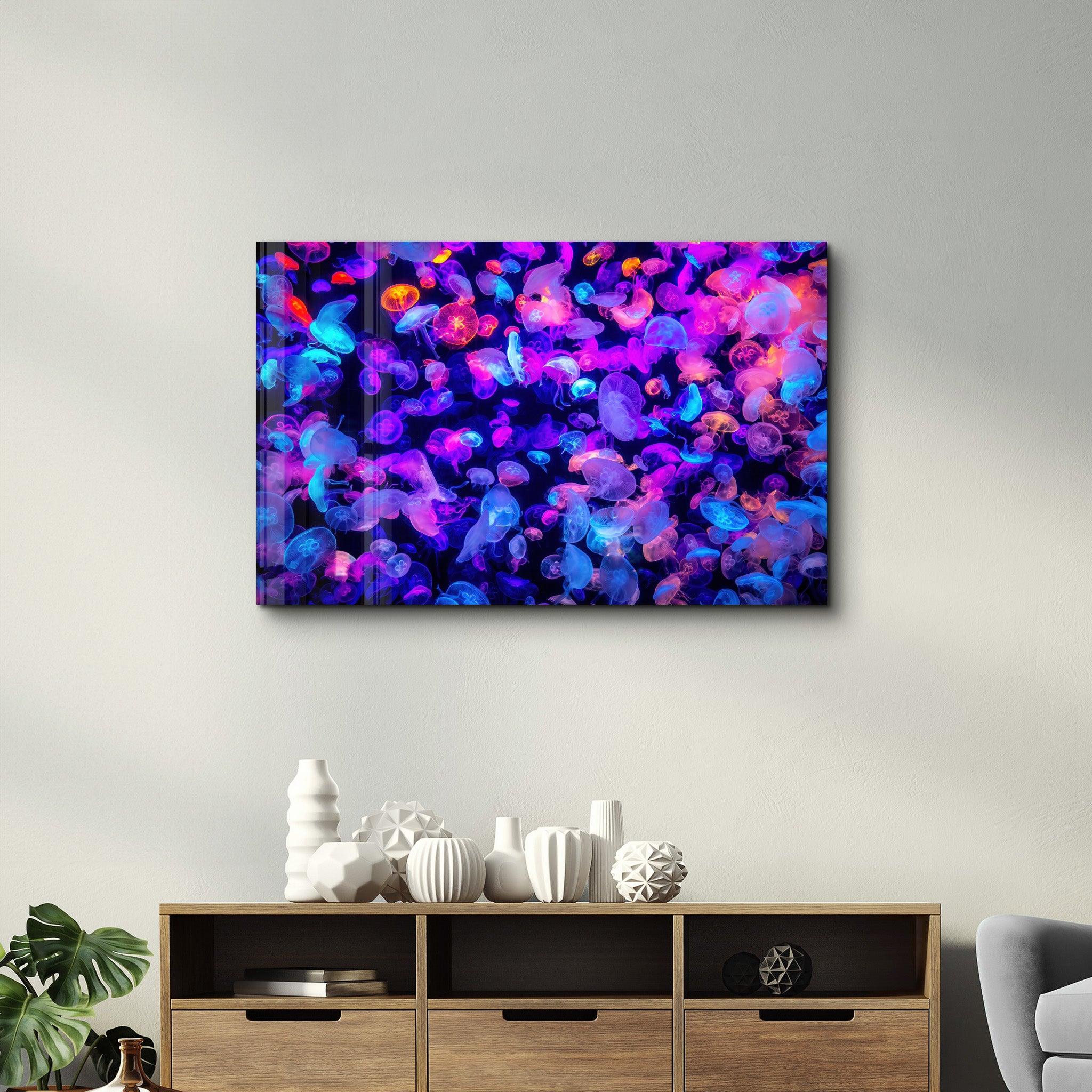 The Colorful Jellyfishes | Glass Wall Art - Artdesigna