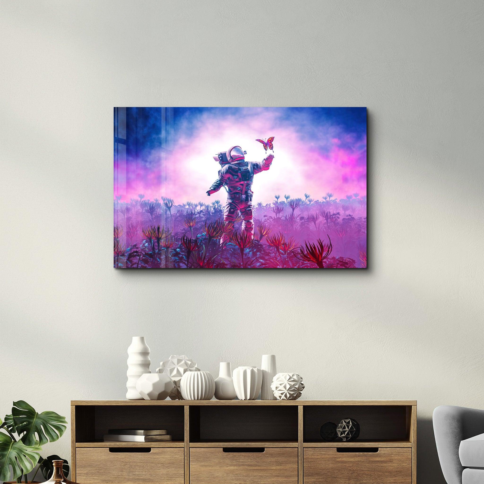 Astronaut With Butterfly | Glass Wall Art - Artdesigna