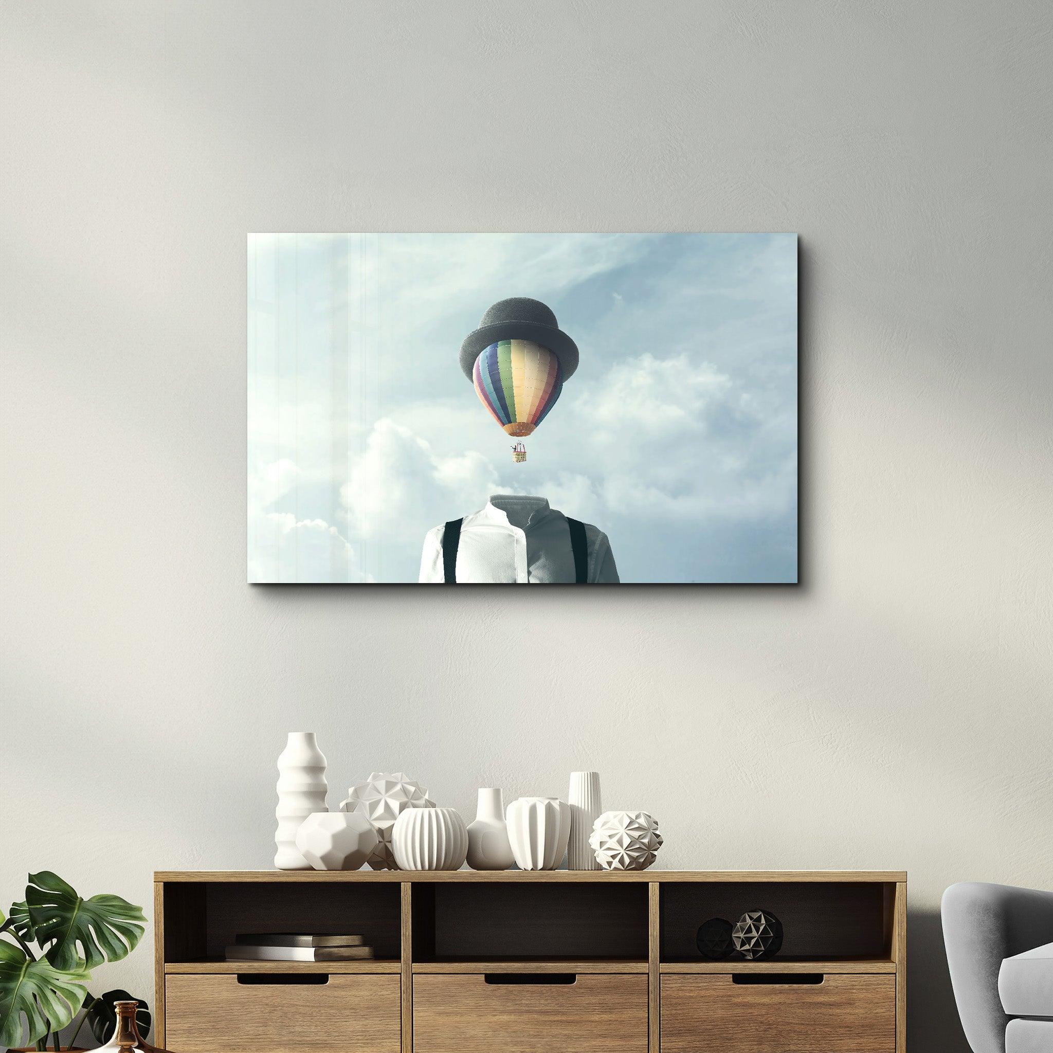 Man With Hot Air Balloon Head | Glass Wall Art - Artdesigna