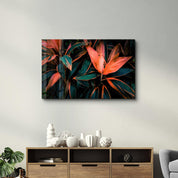 Red And Green Leafs | Glass Wall Art - Artdesigna