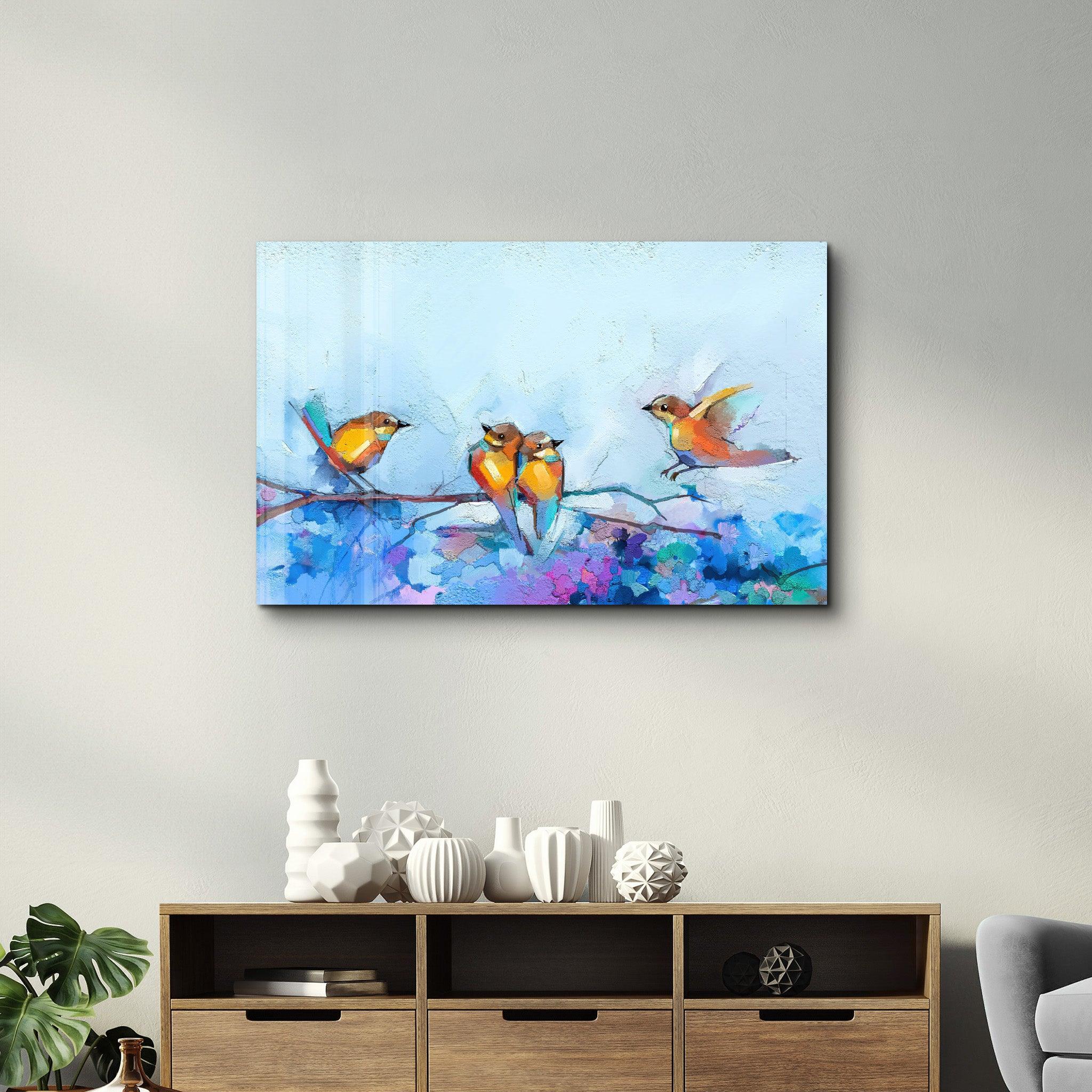 Birds With Flower Painting | Glass Wall Art - Artdesigna