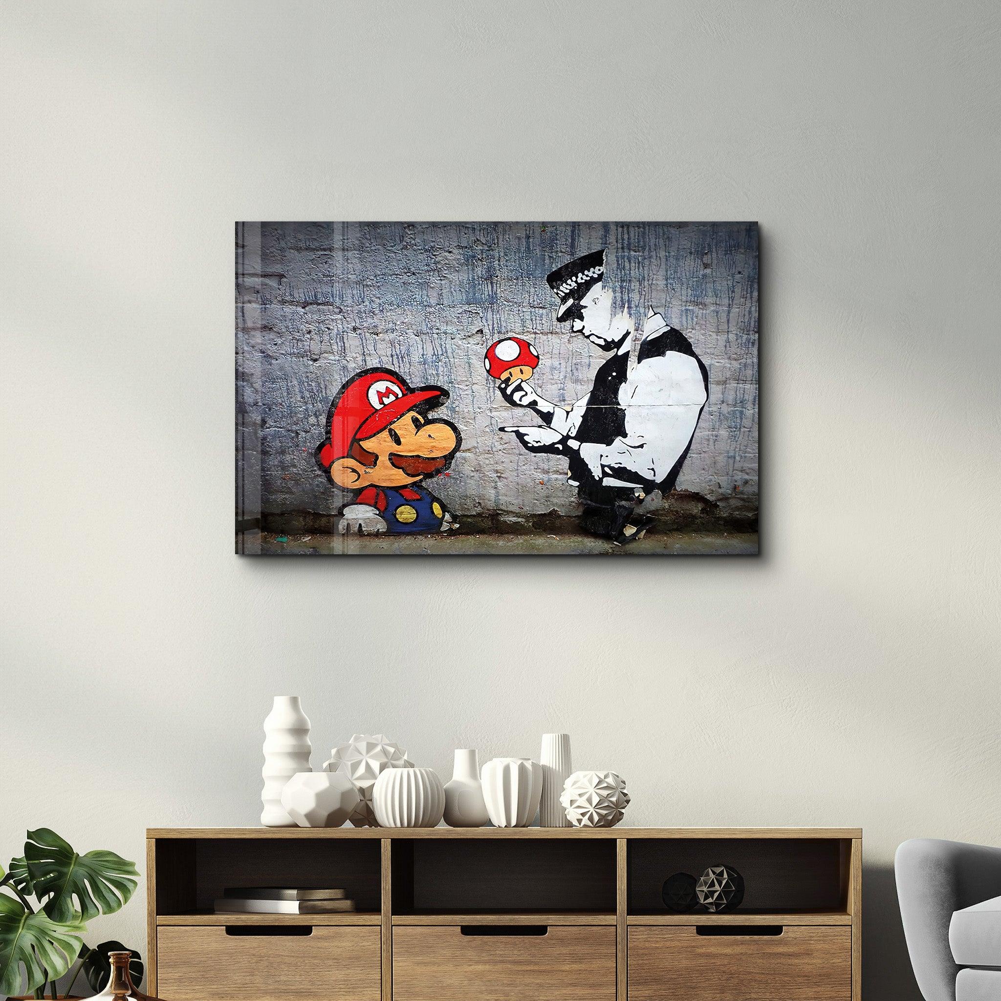 Banksy - Mario with a Policeman | Glass Wall Art - Artdesigna