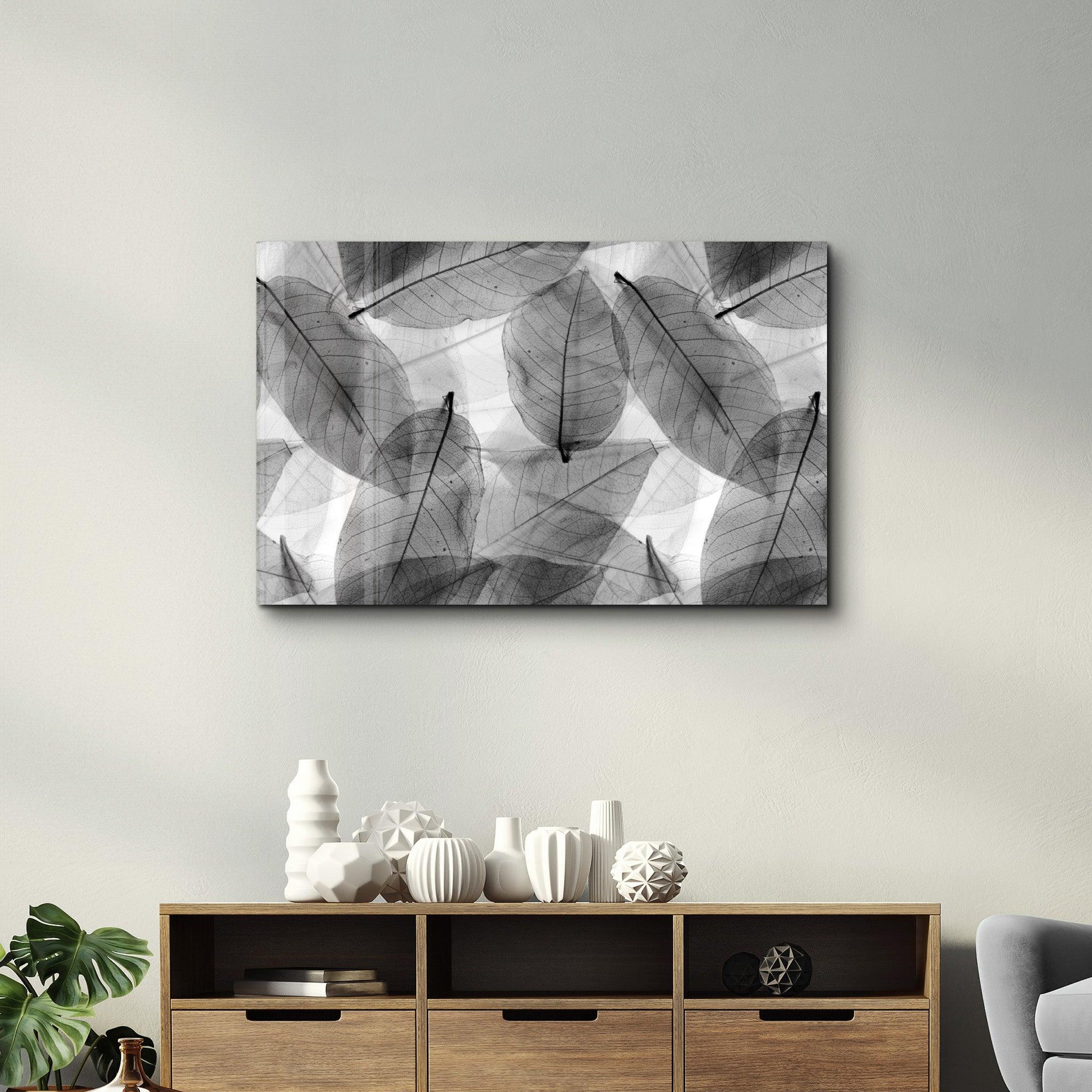 Black - White Leaves | Glass Wall Art - Artdesigna