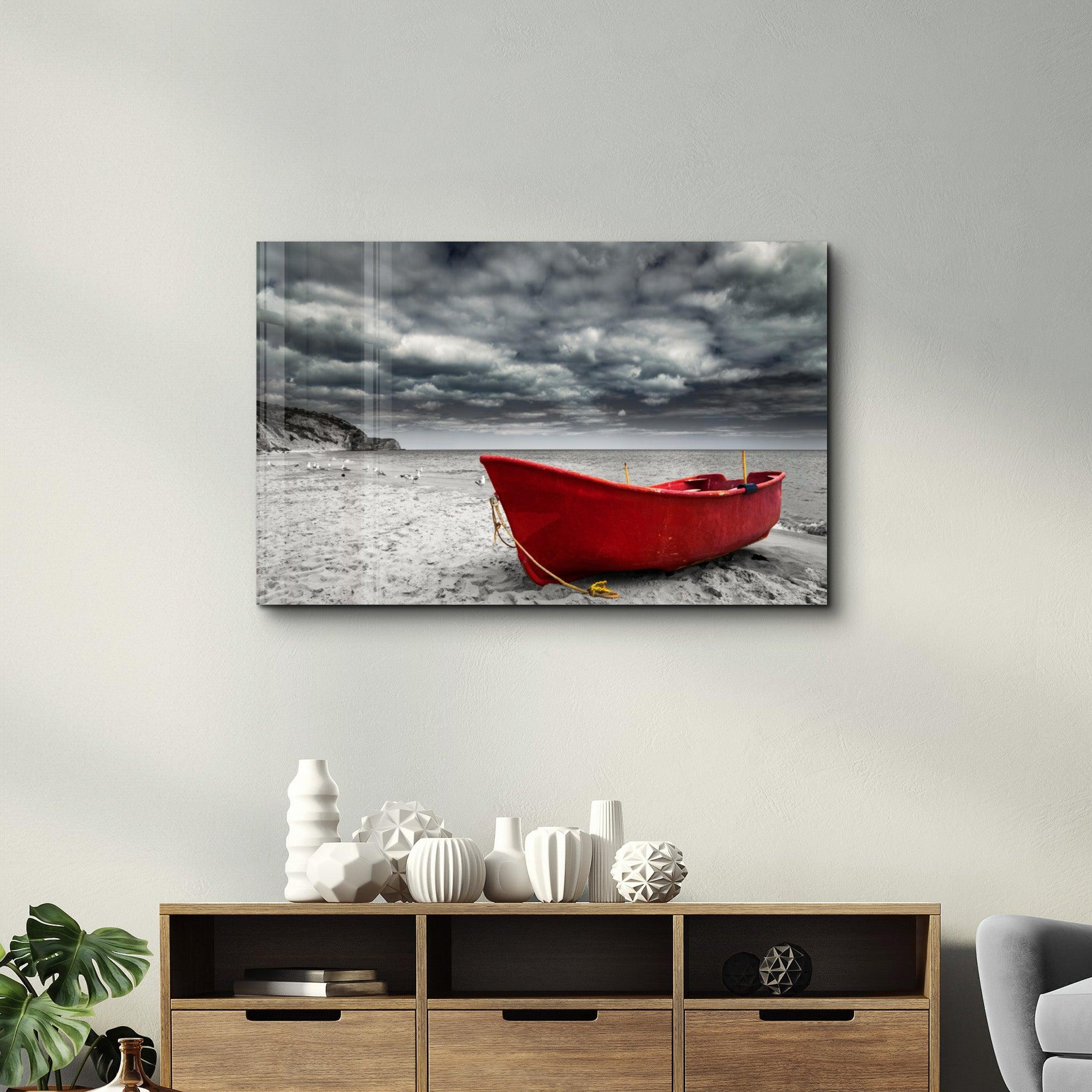 Red Sailing Boat | Glass Wall Art - Artdesigna