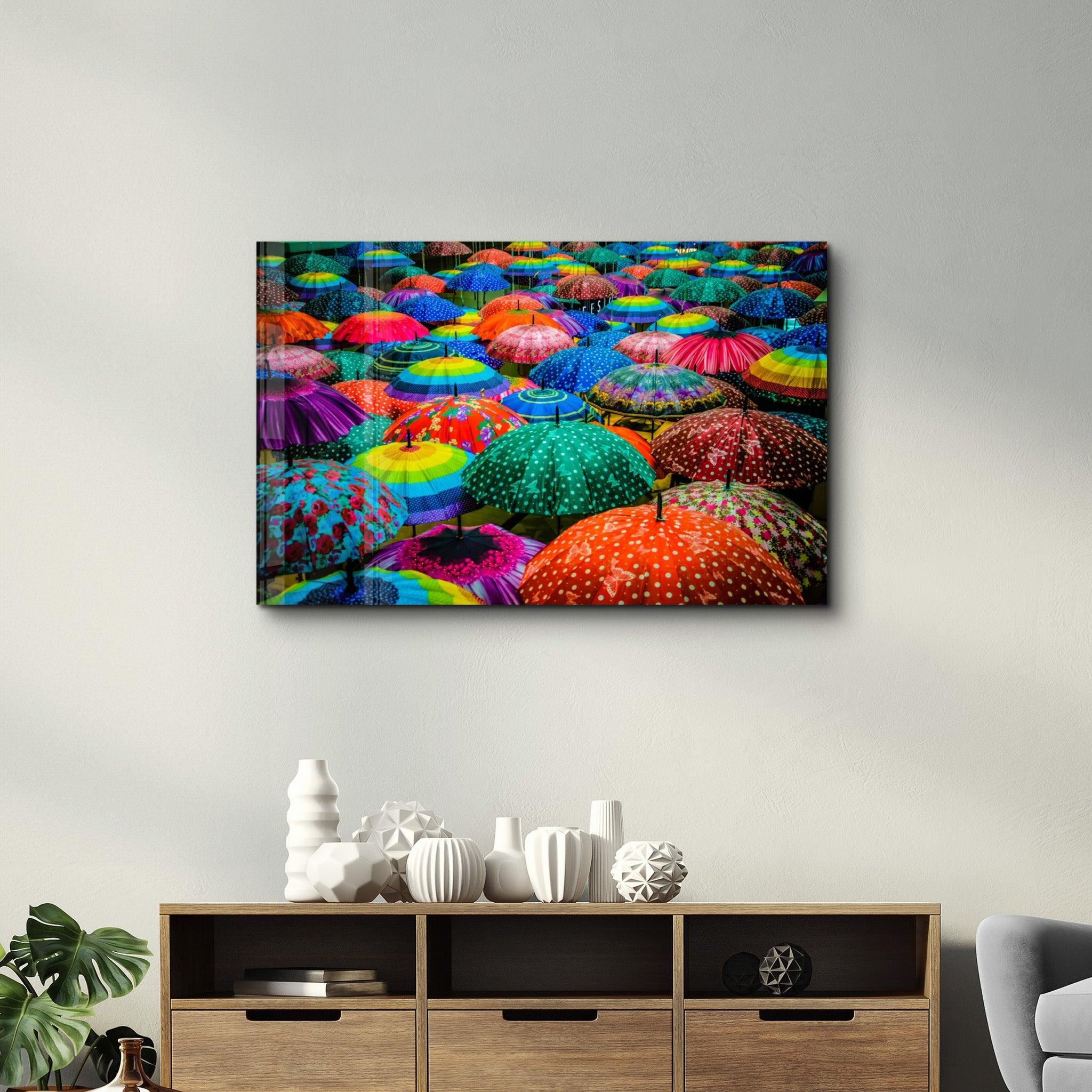 Colorful Umbrellas | Glass Wall Art - Artdesigna