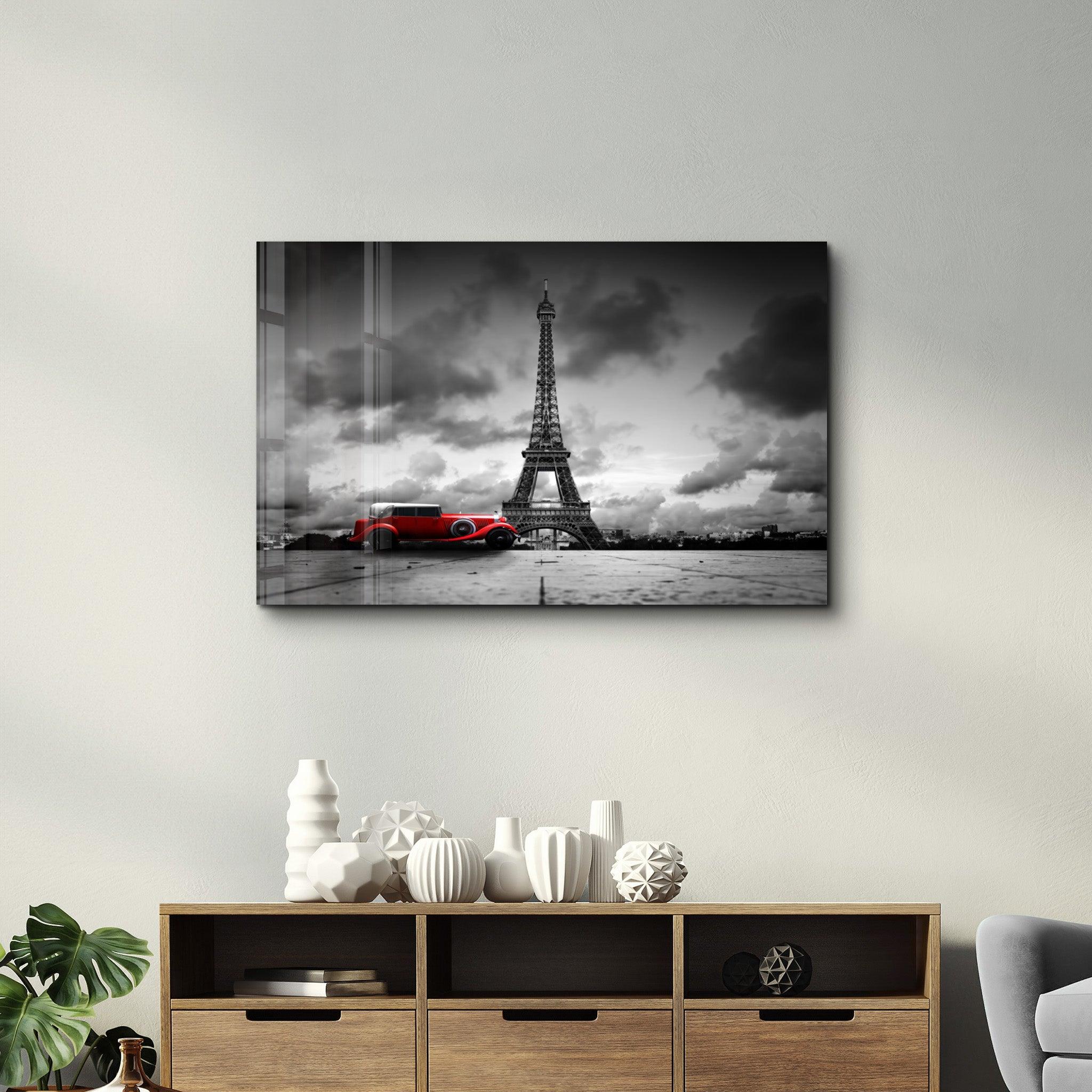 Eiffel Tower and a Classic in Red | Glass Wall Art - Artdesigna